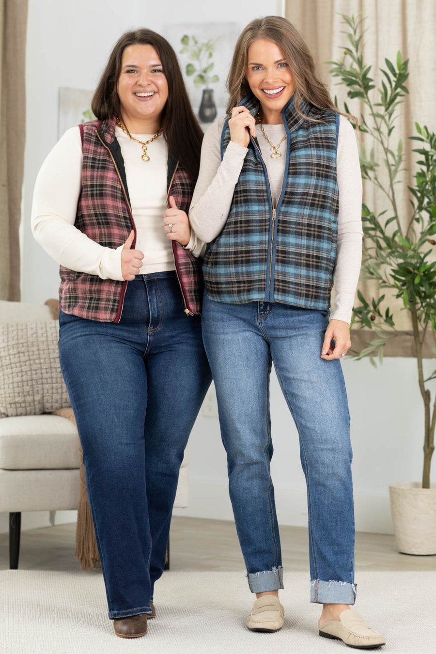 Staccato Contrast Binding Zip Up Plaid Vest