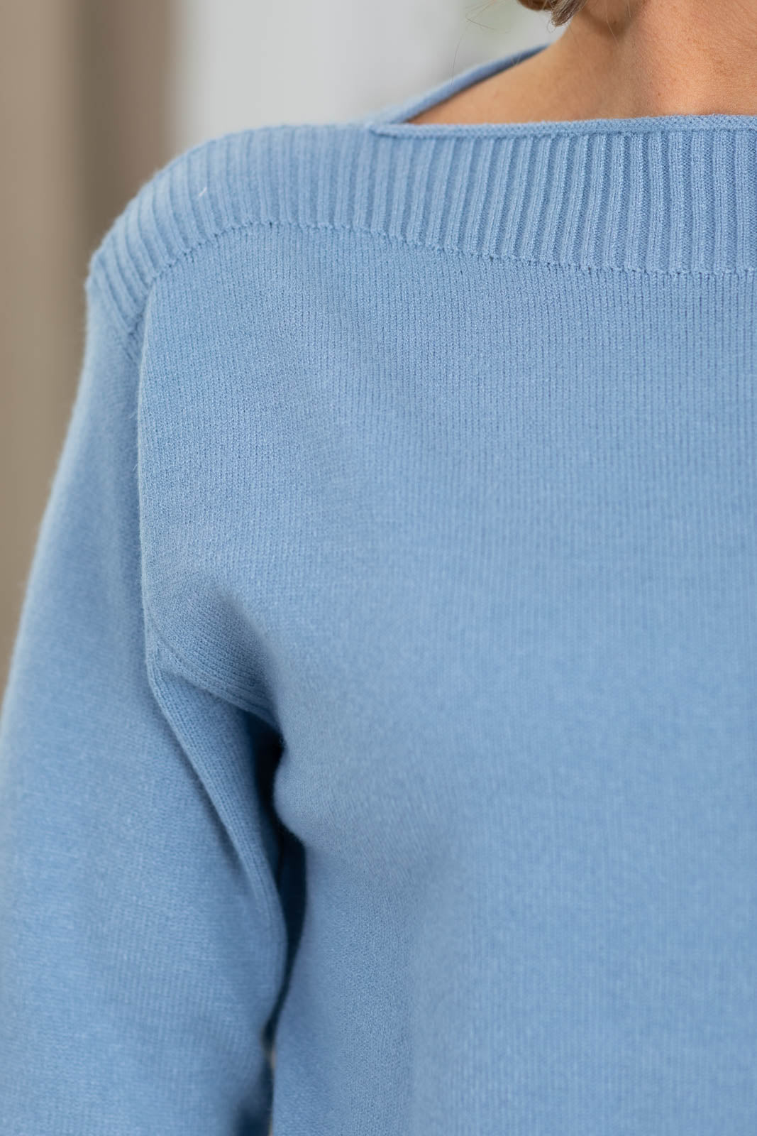 Dusty Blue Rib Neckline Detail Sweater Top