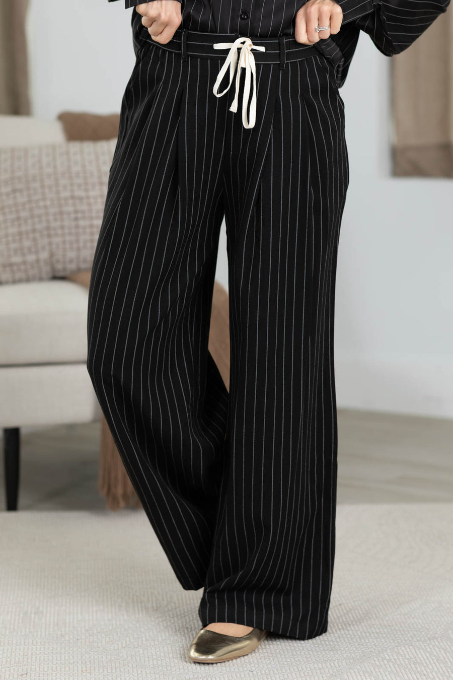 Pinstripe Drawstring Pants With Pockets