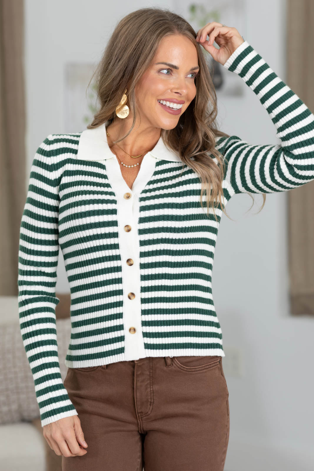 Ribbed Striped Polo Button Knit Sweater Top