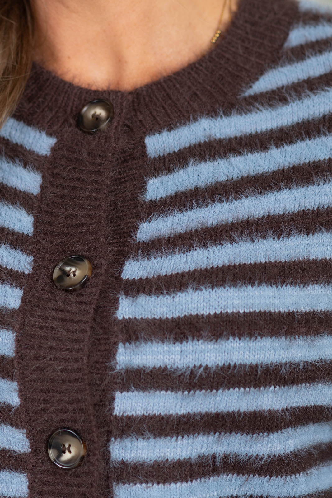 Chocolate And Baby Blue Stripe Fuzzy Knit Cardigan