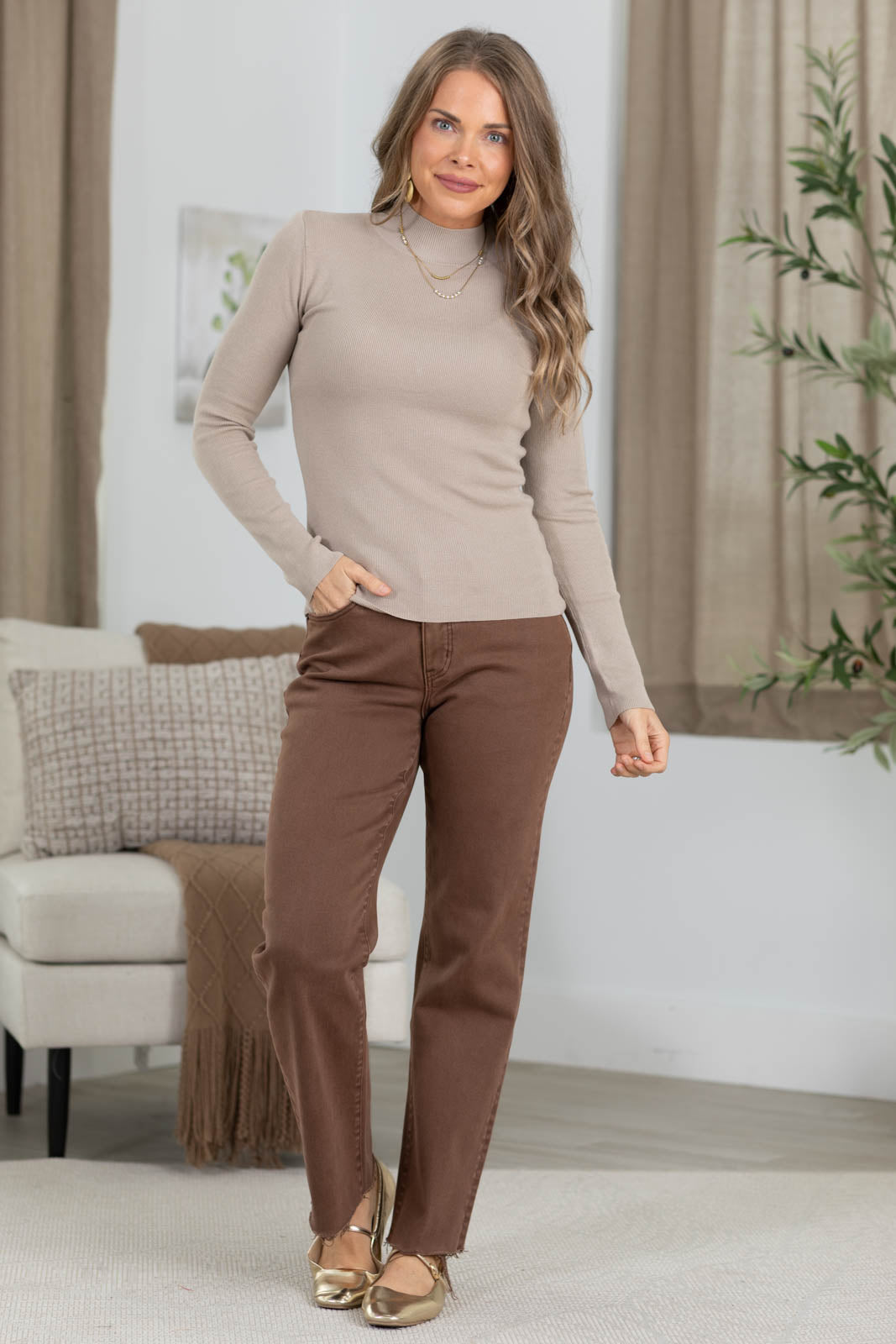 Ribbed Mock Neck Long Sleeve Knit Sweater Top