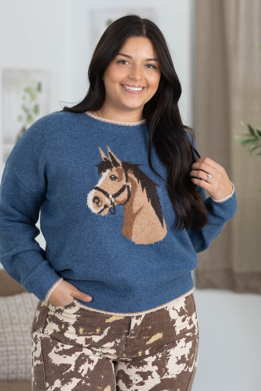 Staccato Horse Print With Stitch Trim Sweater