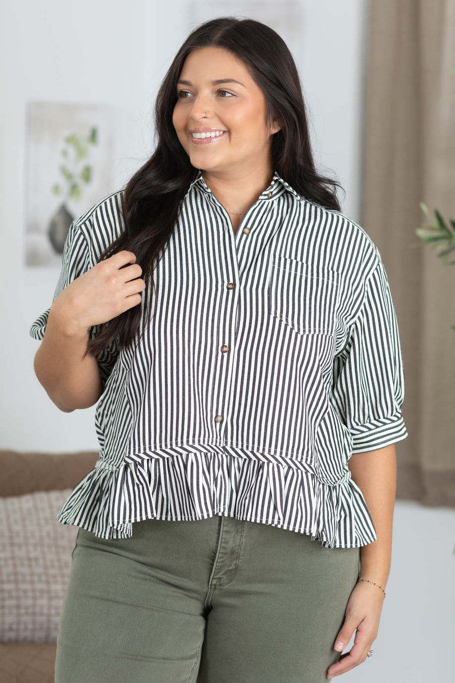Black And Off White Stripe Ruffle Hem Woven Top