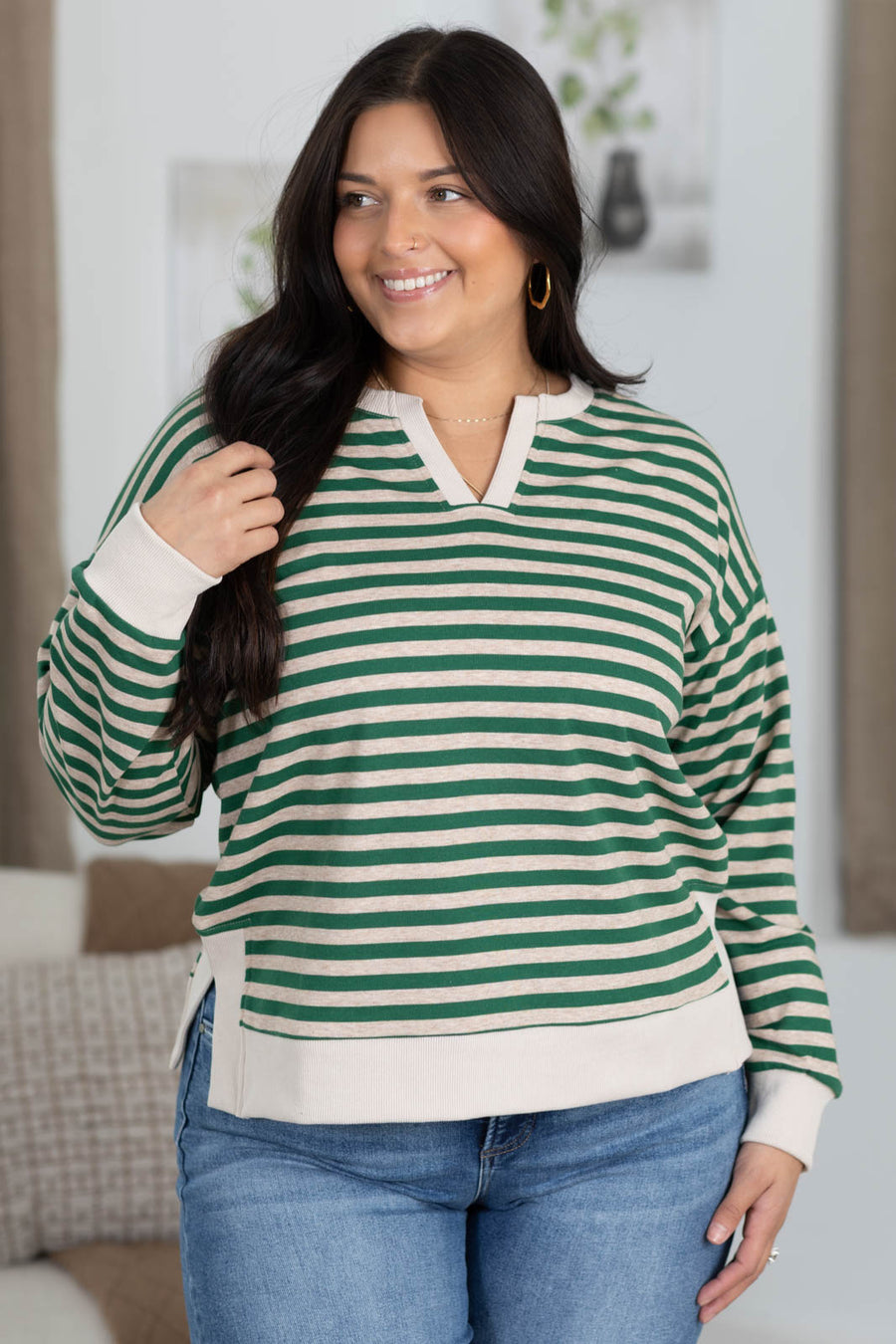 Staccato Notch Neck Stripe Long Sleeve Knit Top