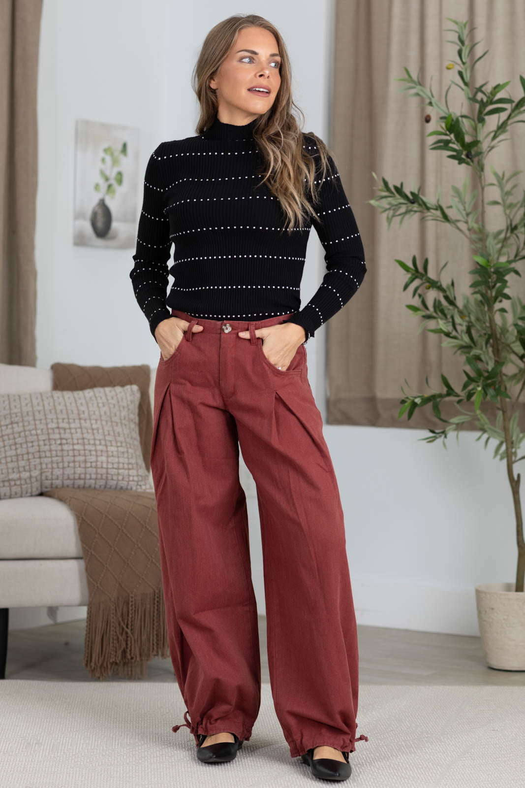 Staccato Rib Mock Neck With Textured Stripe Top