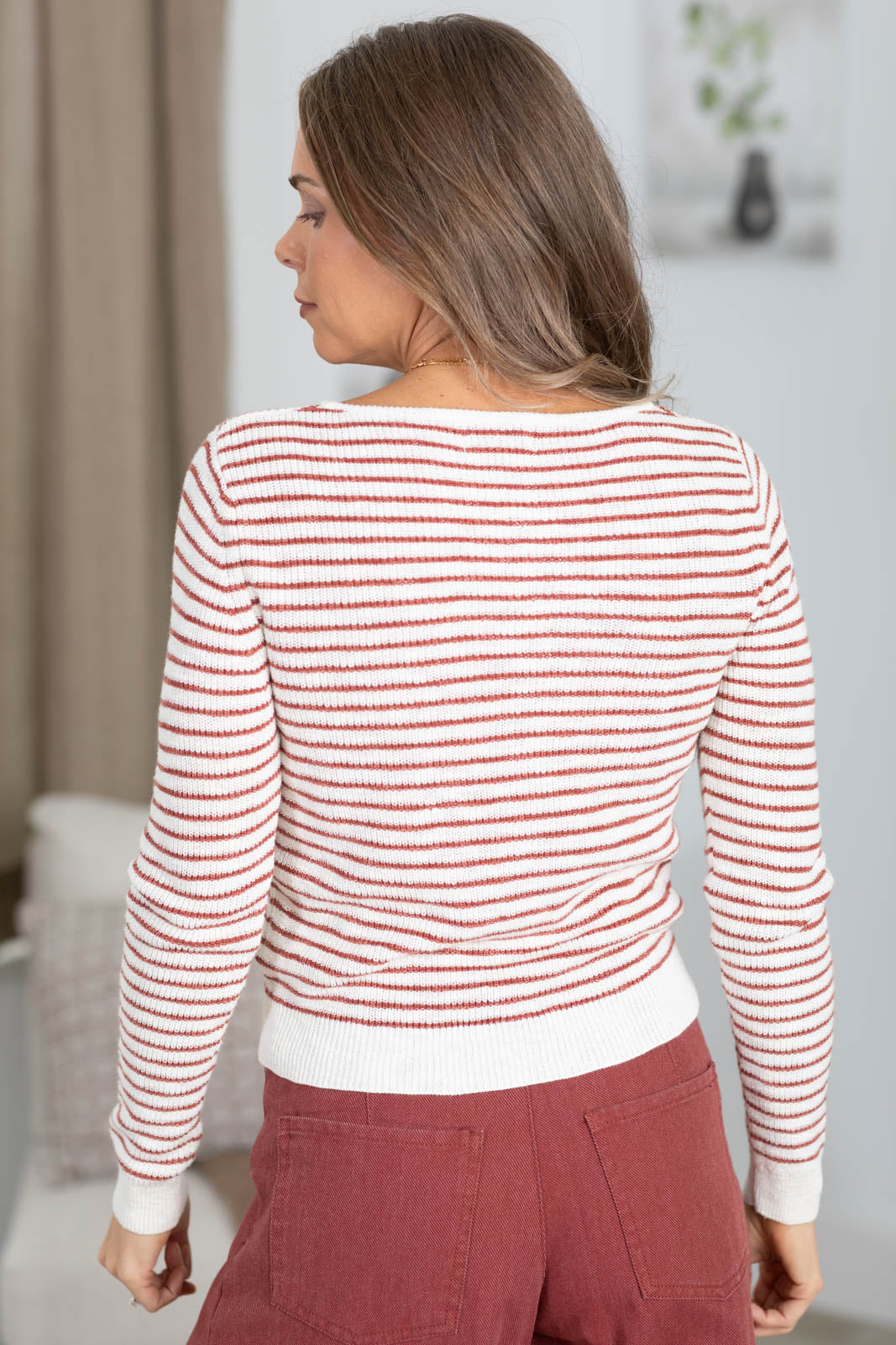 Terracotta Stripe Cropped V-Neck Cardigan