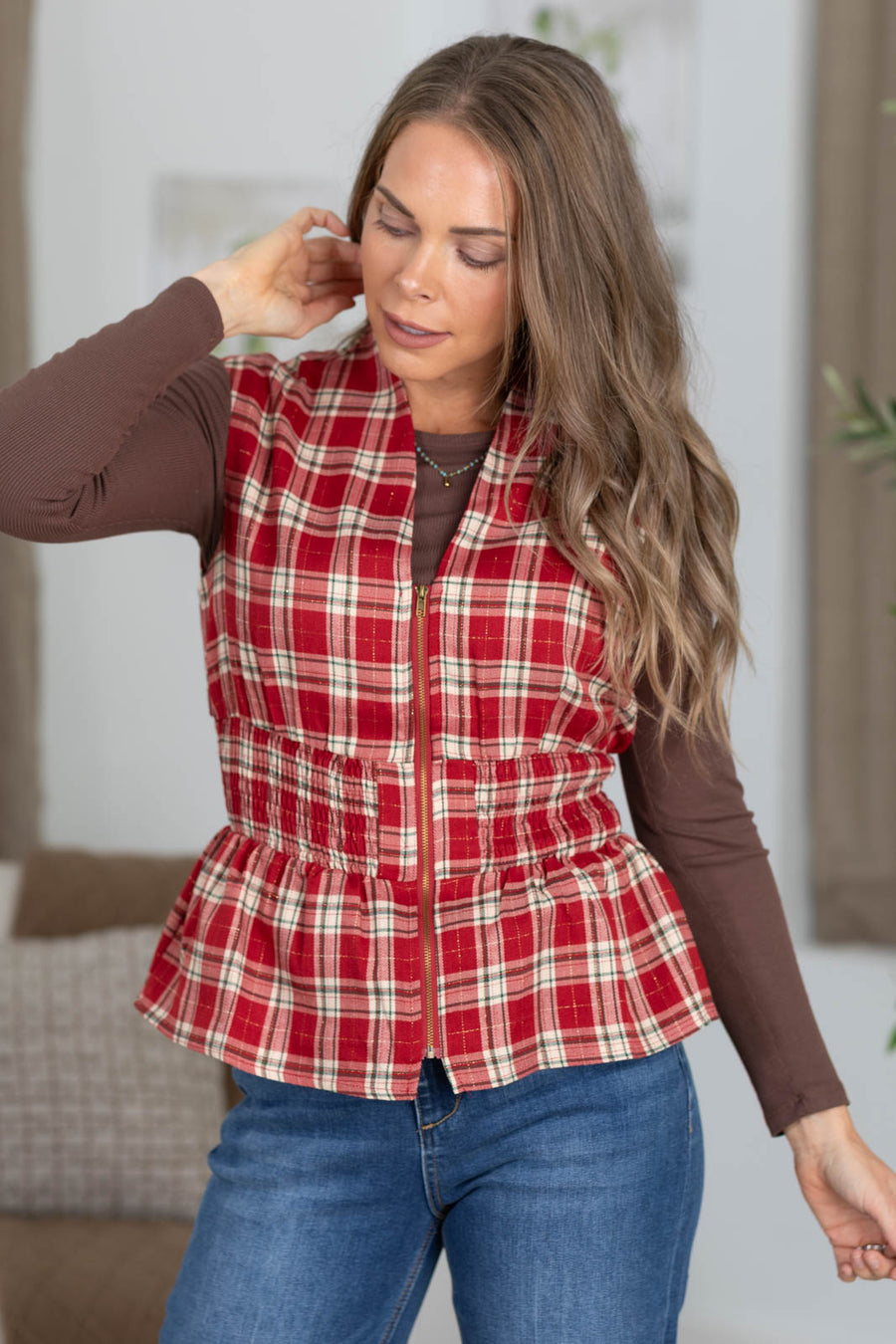 Cranberry Plaid Zip Front Smocked Peplum Top