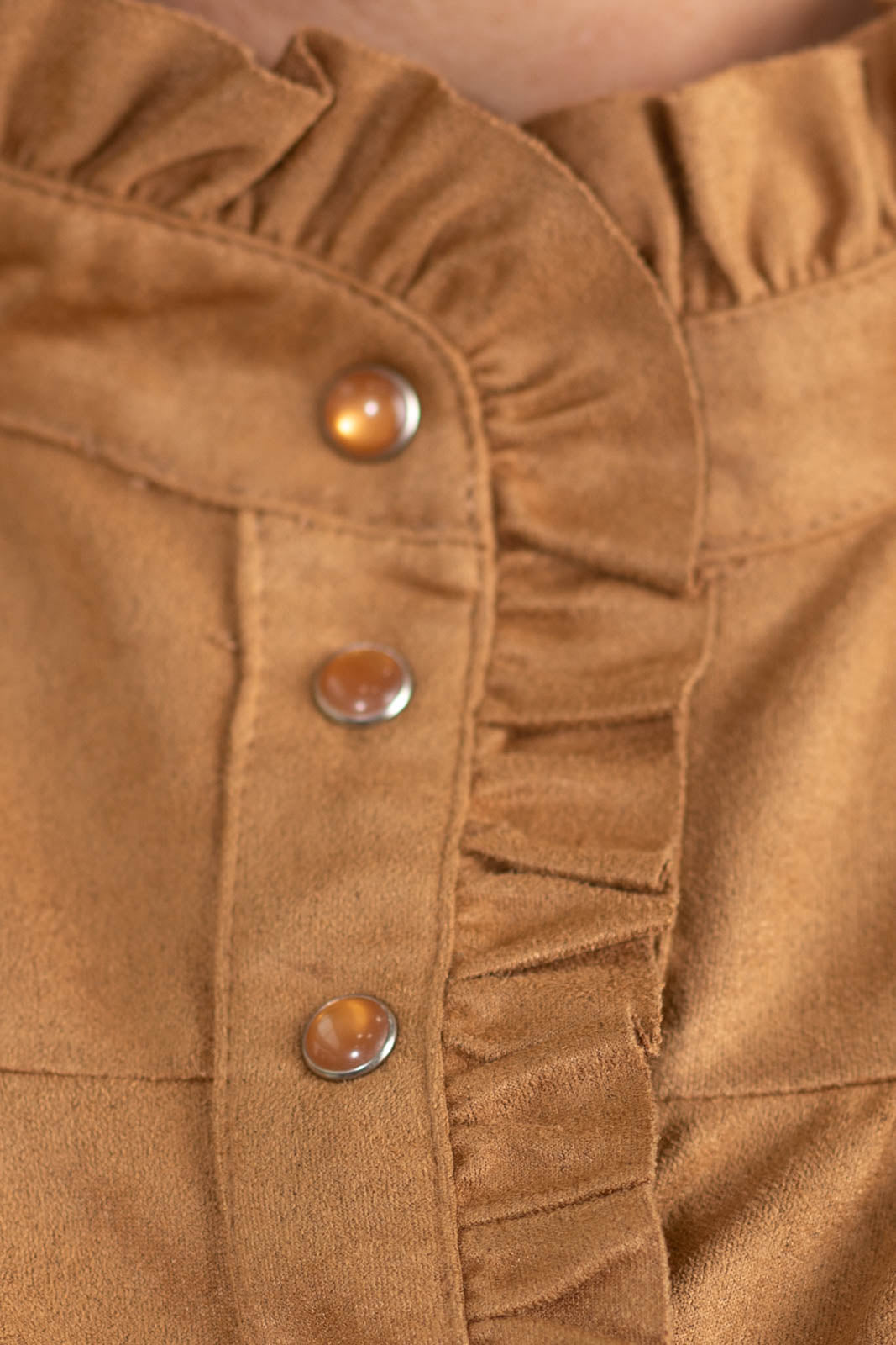 Staccato Suede Ruffled Neck Snap Button Top