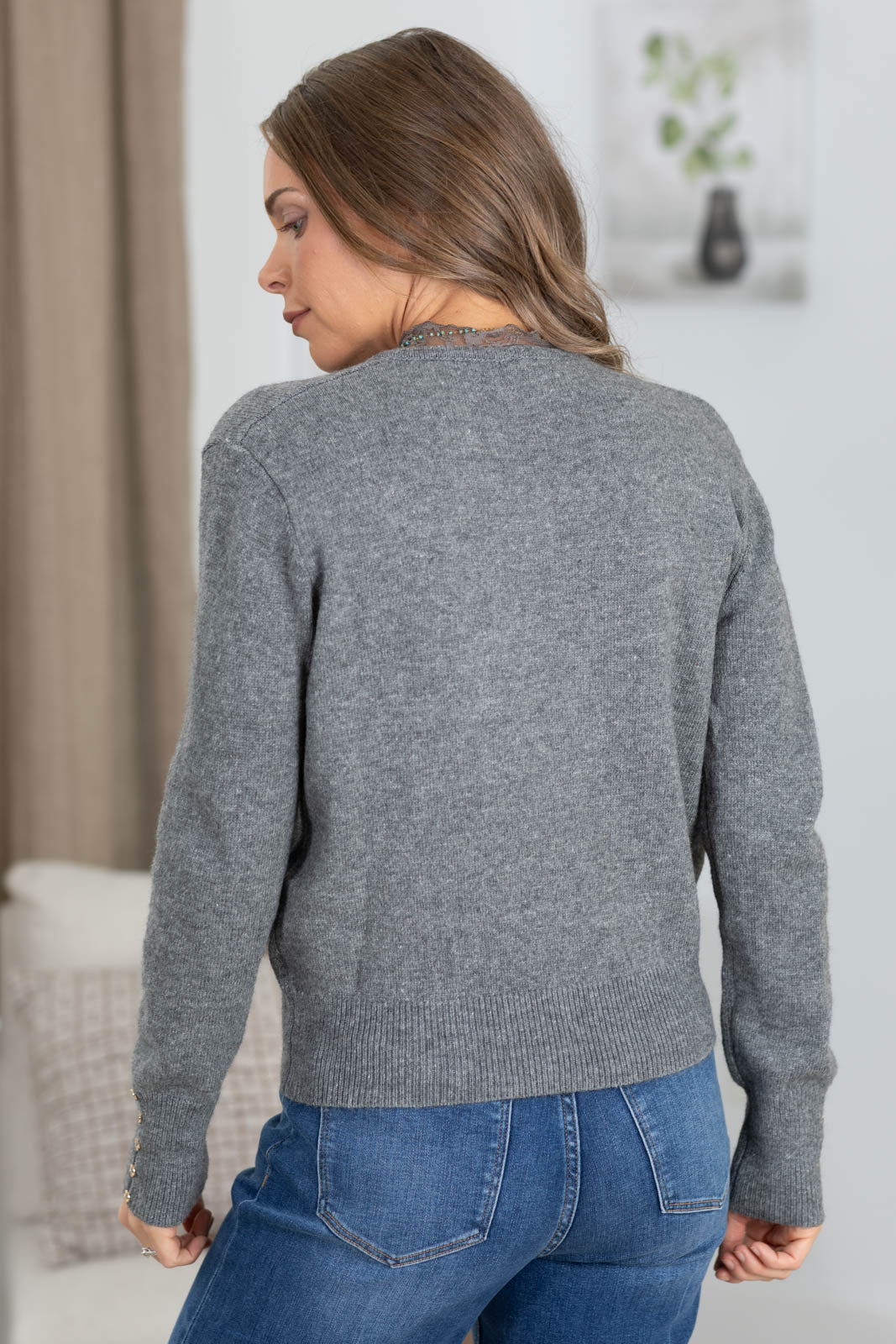 Heather Grey Sweater With Floral Sheer Layer