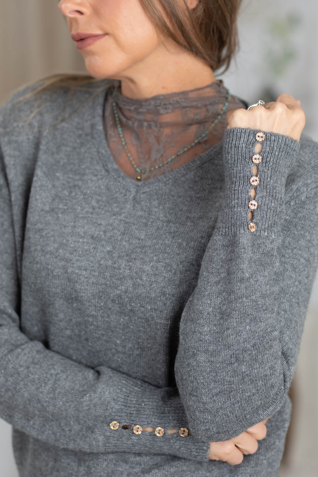 Heather Grey Sweater With Floral Sheer Layer