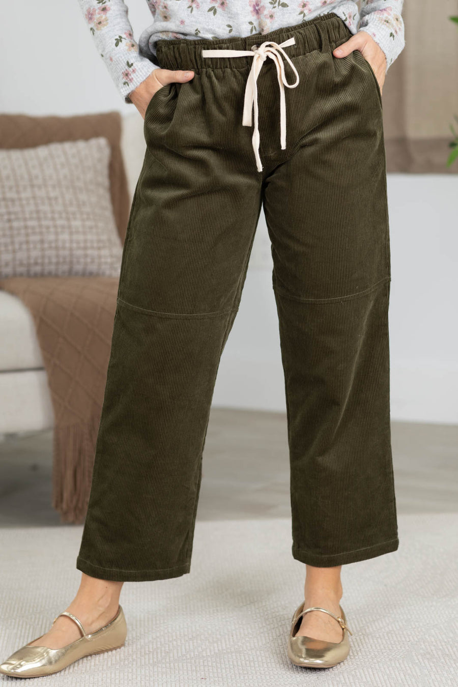 Olive Corduroy Elastic Tie Waist Straight Pant- 100% Cotton