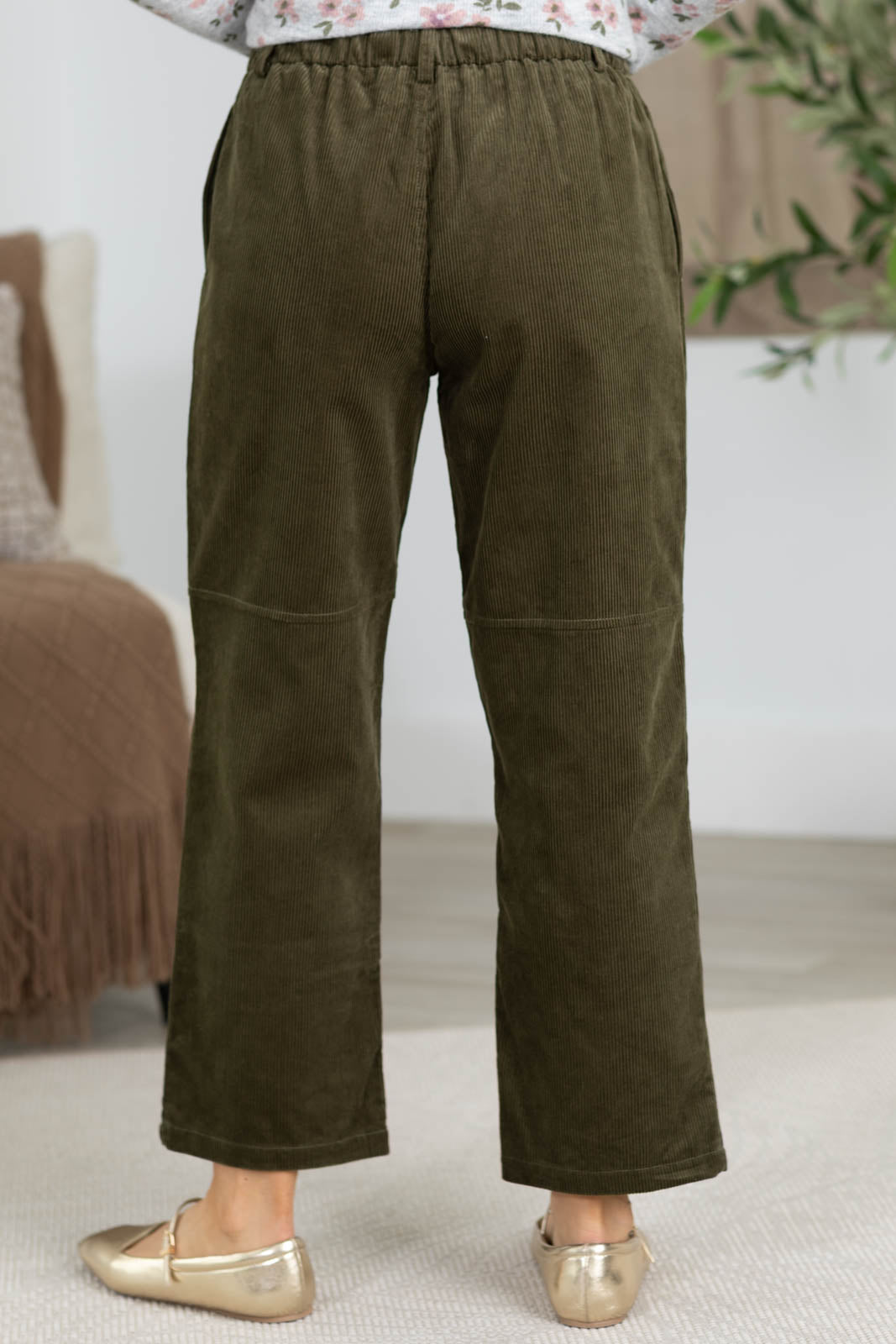 Olive Corduroy Elastic Tie Waist Straight Pant- 100% Cotton