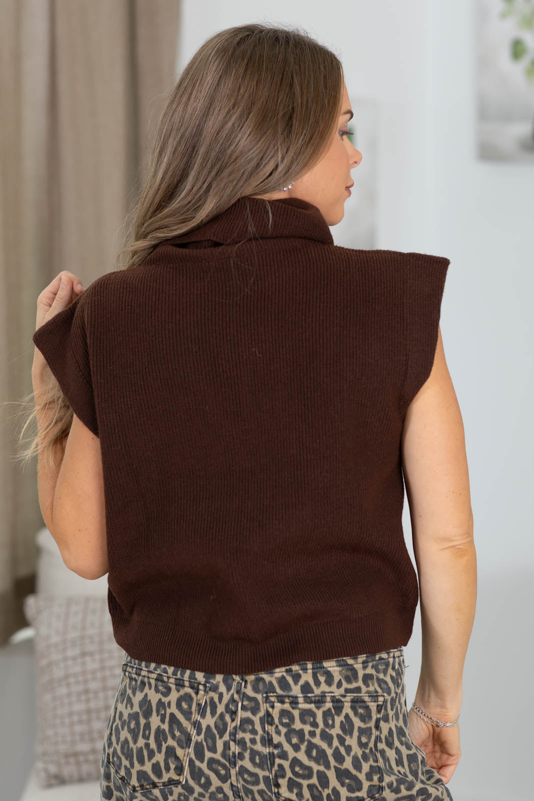 Brown Turtle Neck Cap Sleeve Sweater Top