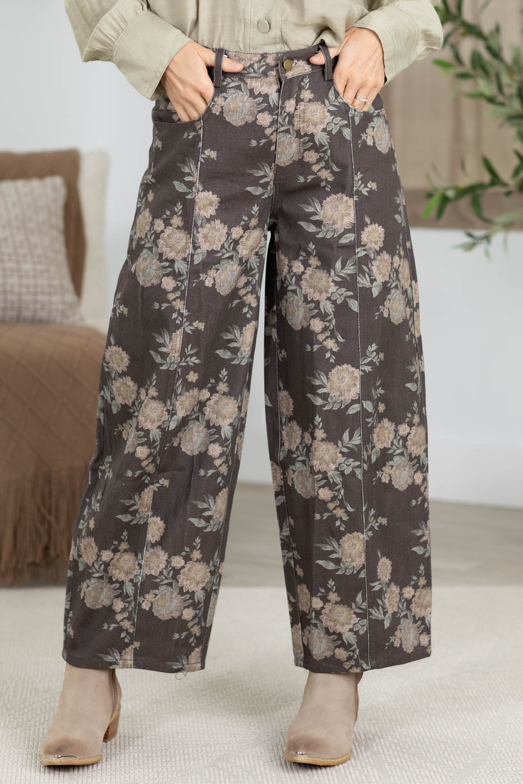 Brown Wide Leg Floral Barrel Pants