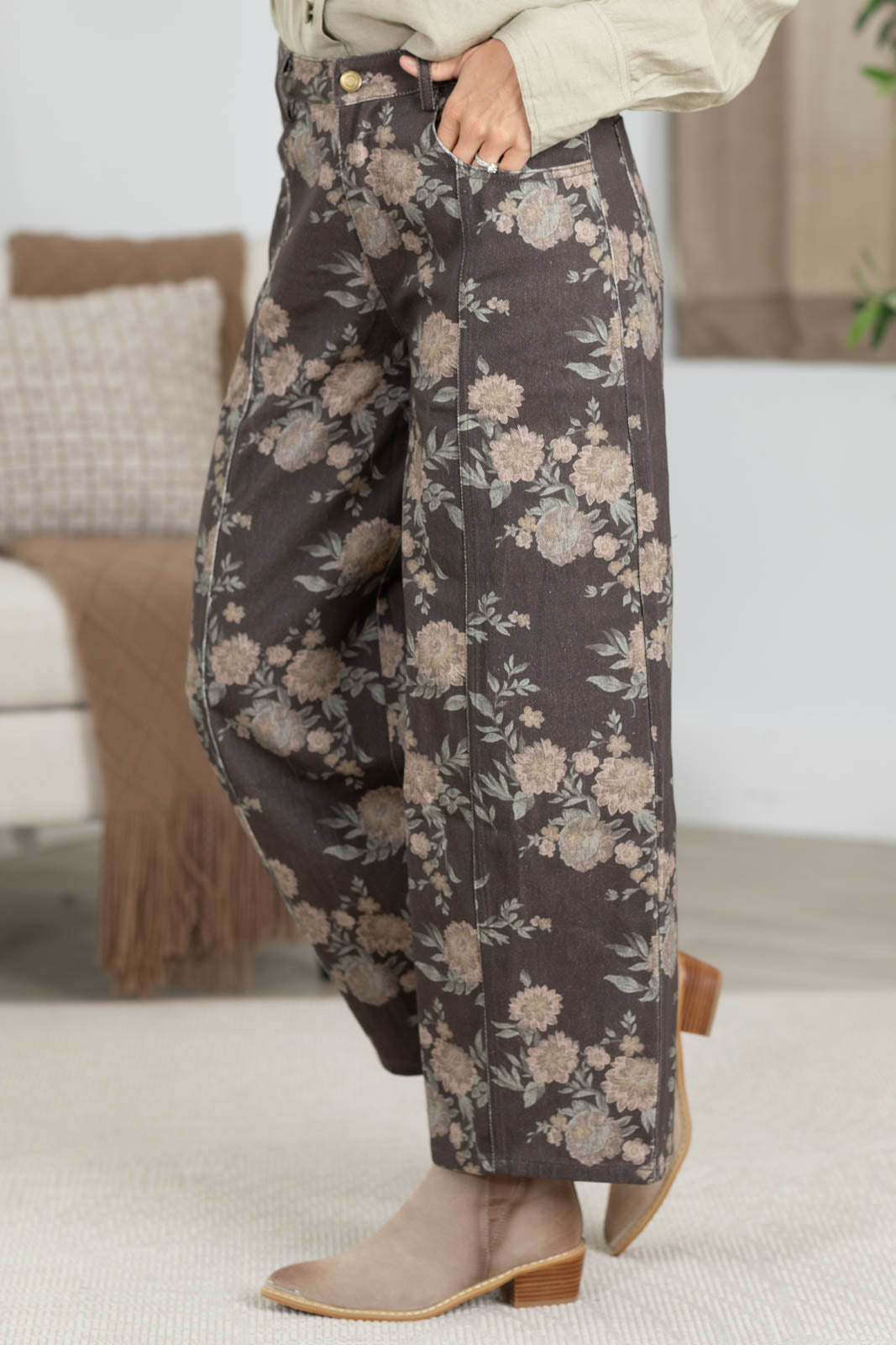 Brown Wide Leg Floral Barrel Pants