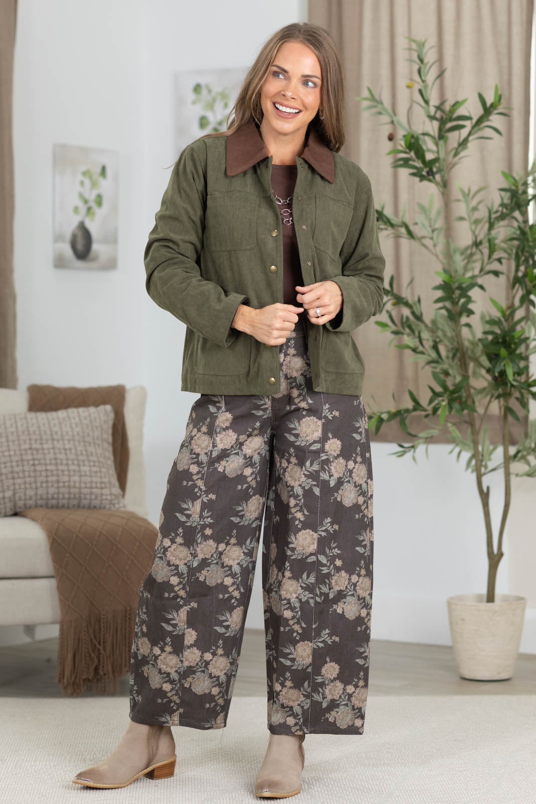 Brown Wide Leg Floral Barrel Pants