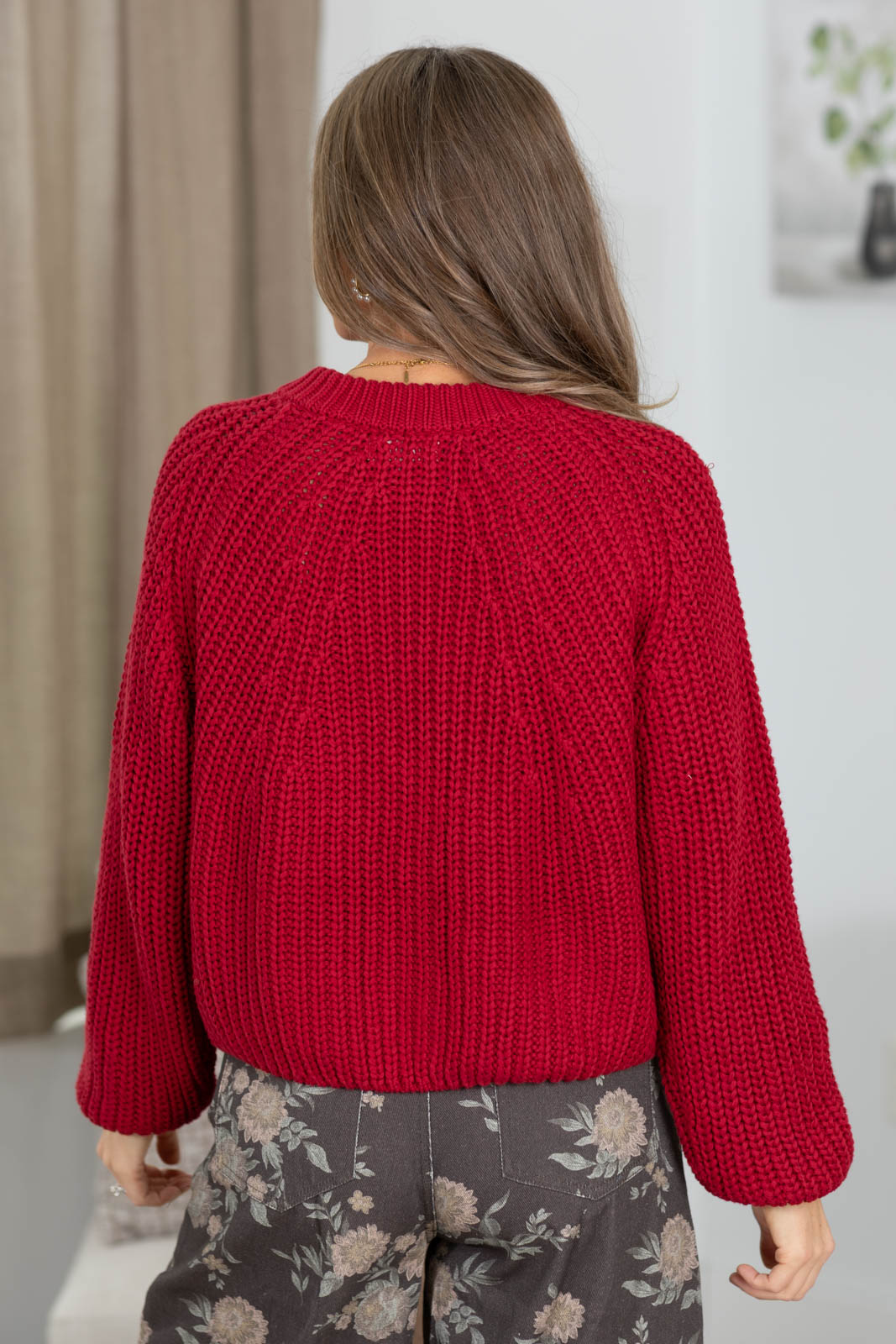 Dark Red Chunky Rib Knit Button Cardigan
