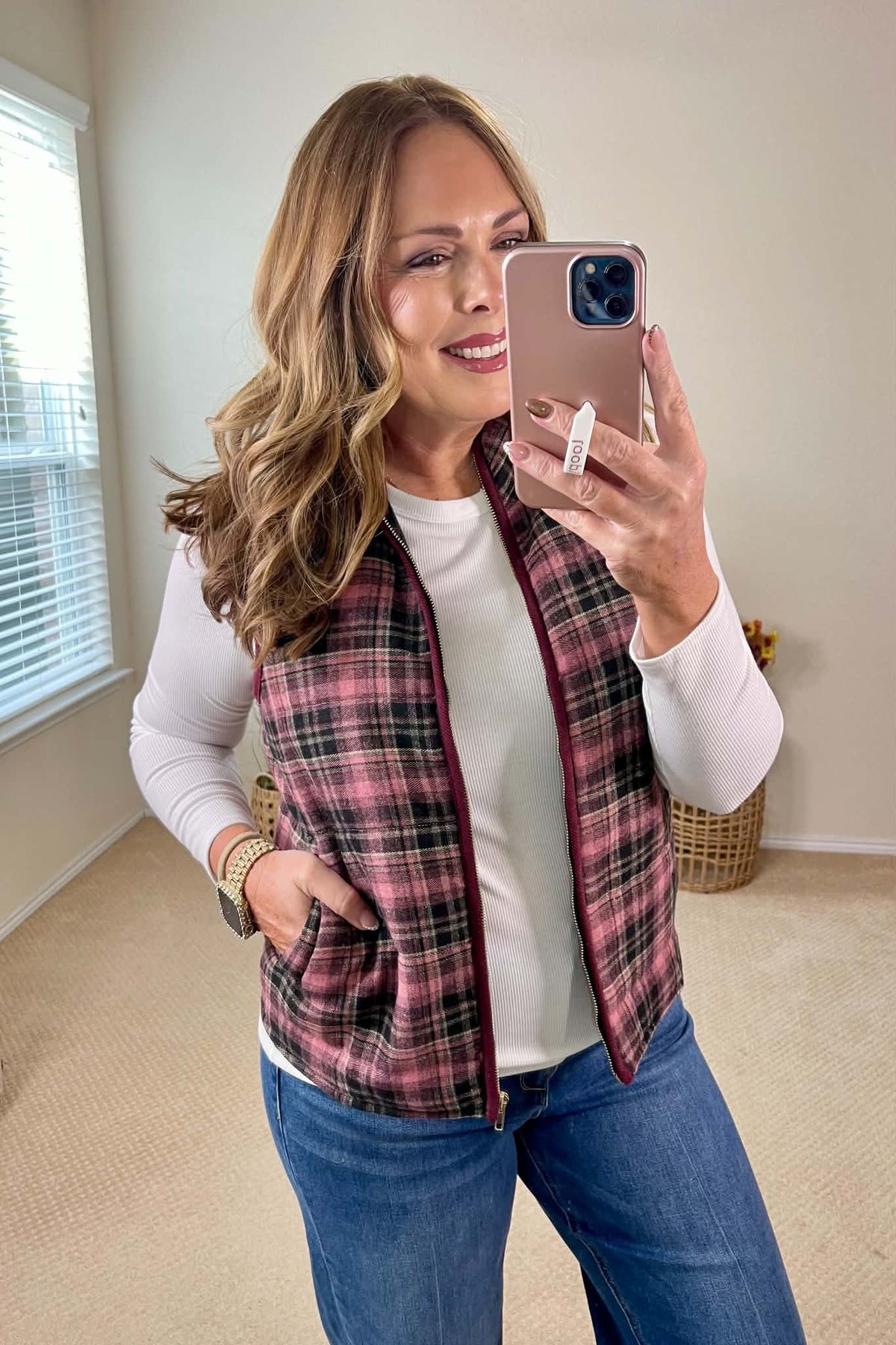 Staccato Contrast Binding Zip Up Plaid Vest