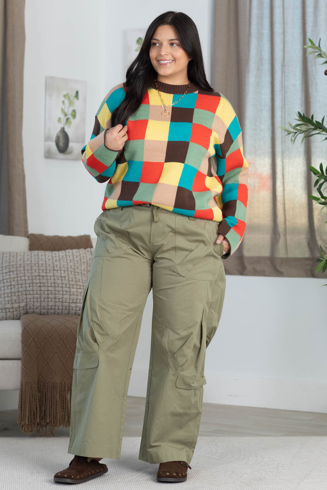 Brown Multicolor Blocked Checker Sweater
