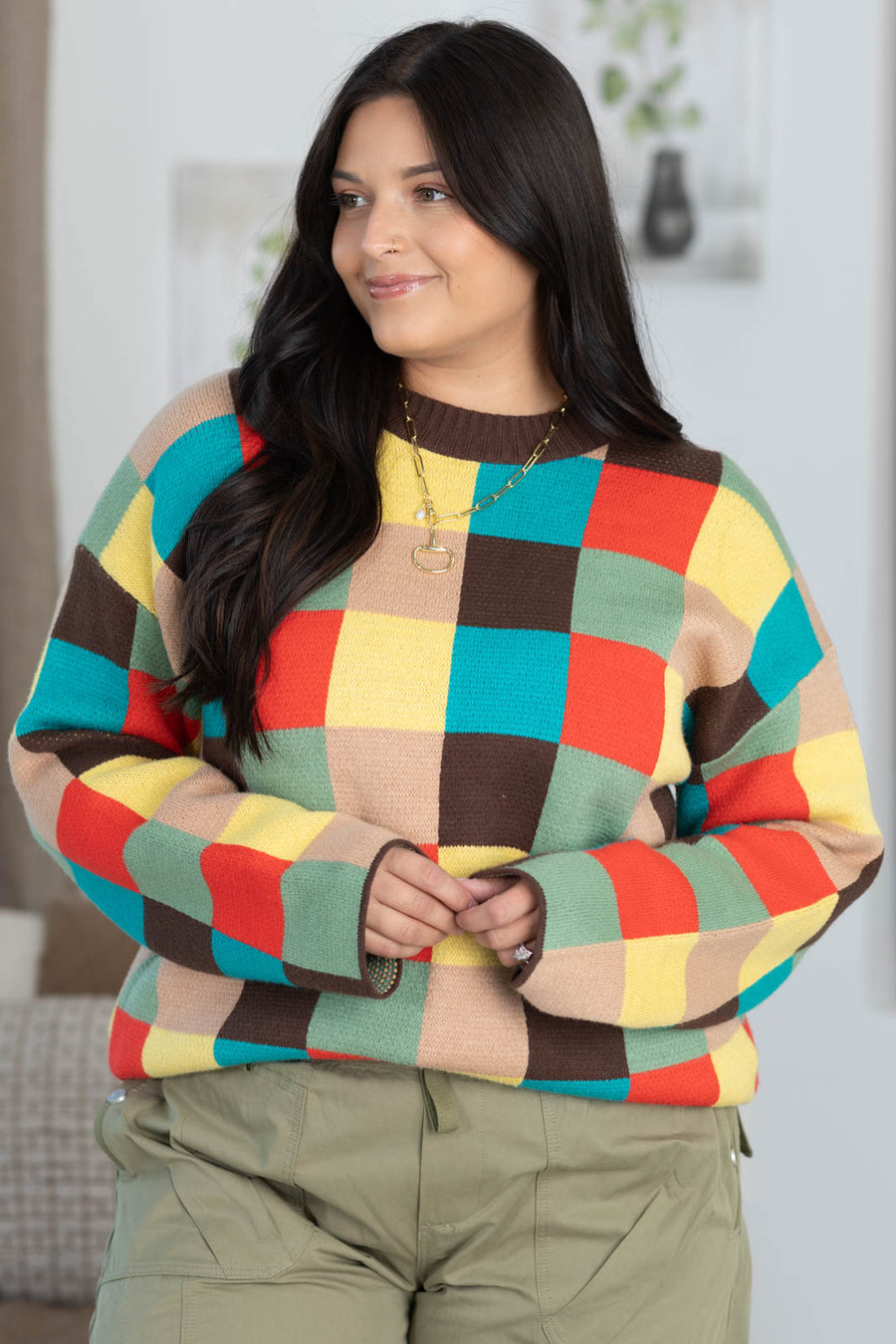 Brown Multicolor Blocked Checker Sweater