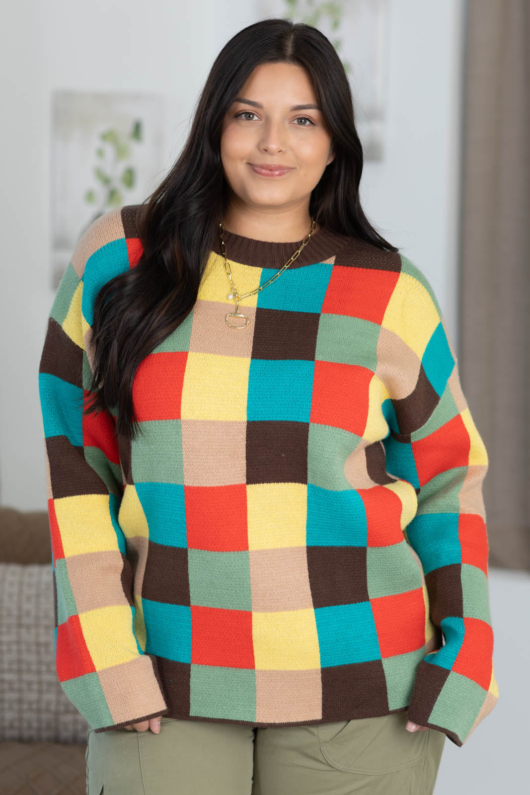 Brown Multicolor Blocked Checker Sweater