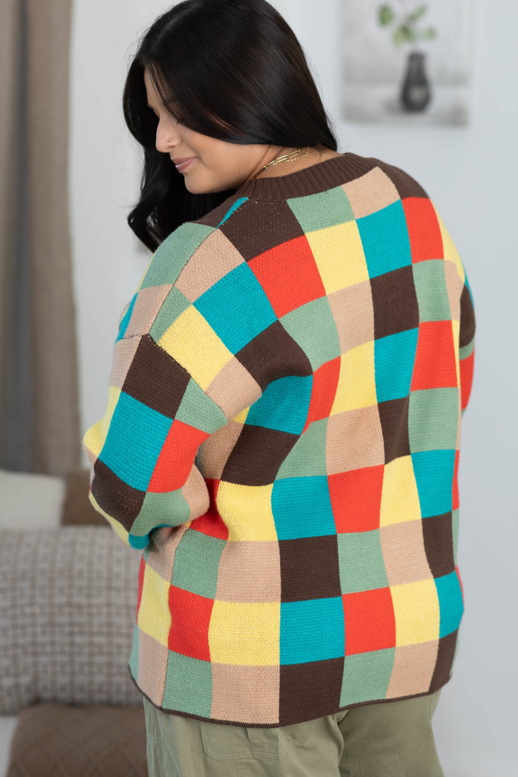 Brown Multicolor Blocked Checker Sweater