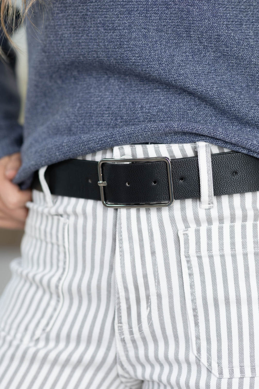 Black Vegan Leather Belt With Silver Square Buckle