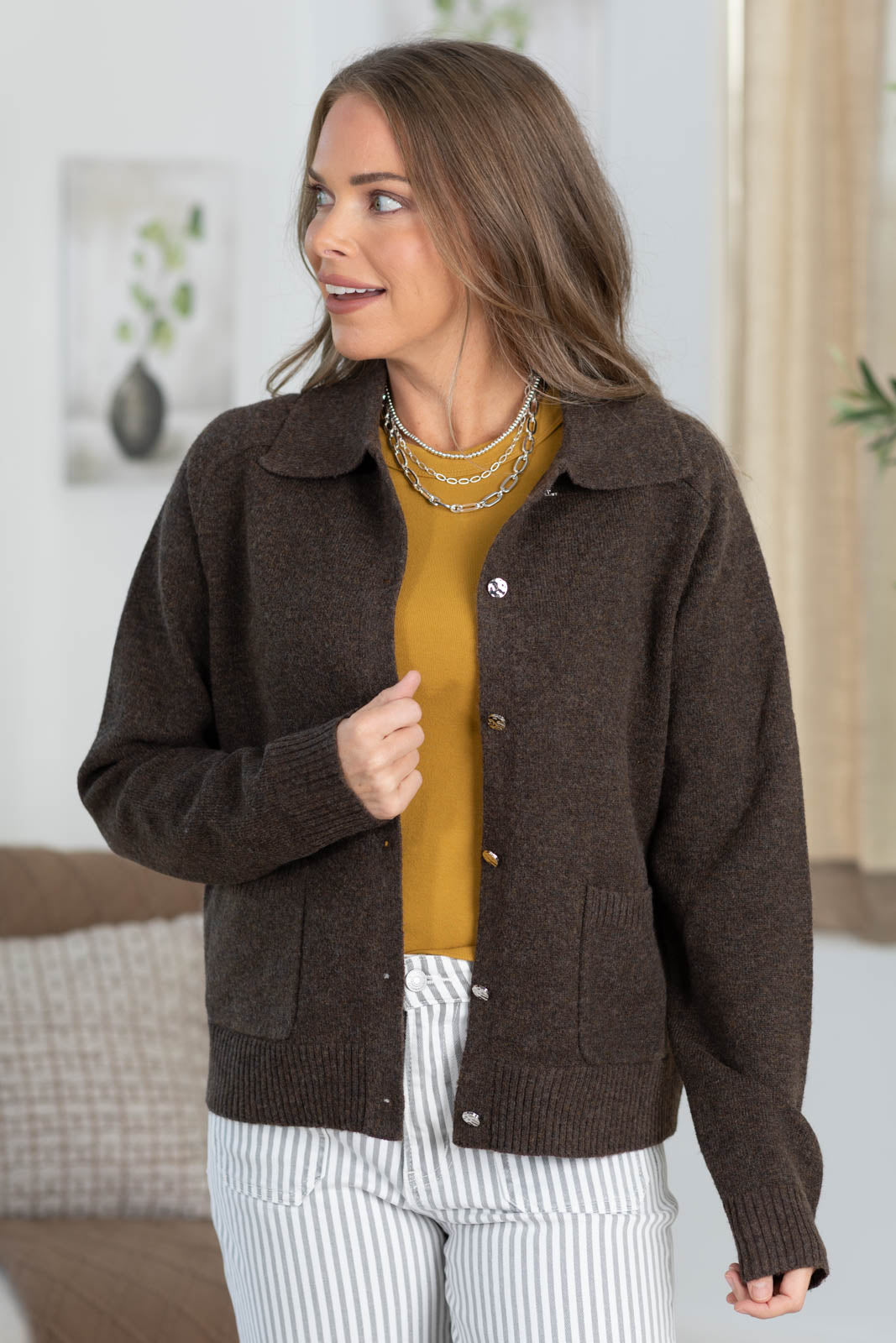 Staccato Collared Button Down Sweater Jacket With Pockets