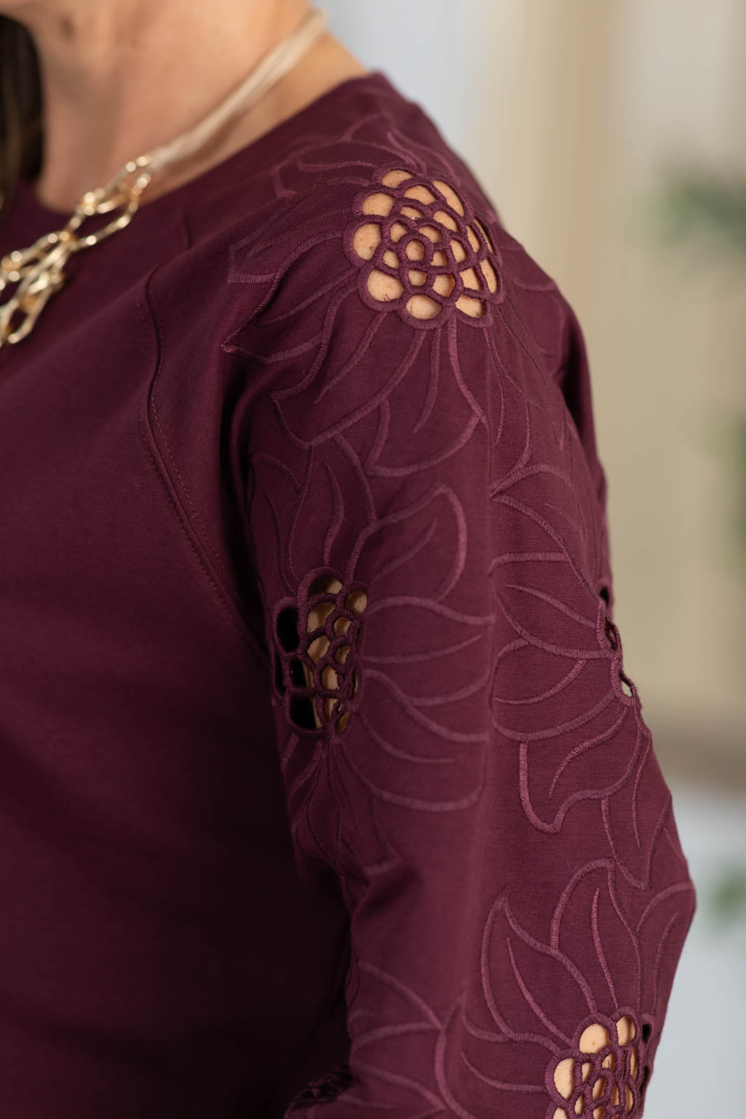 Knit Pullover Embroidery Floral Sleeve Top