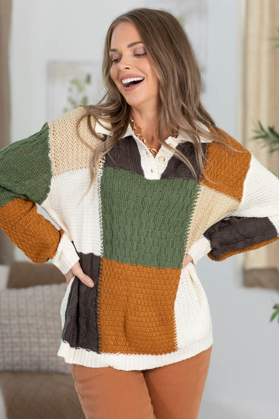 Stitch Colorblock Button Sweater