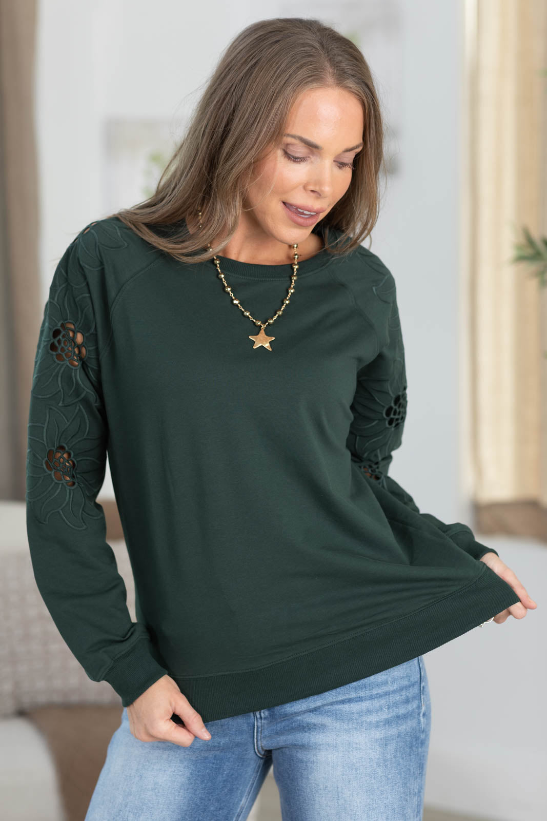 Knit Pullover Embroidery Floral Sleeve Top