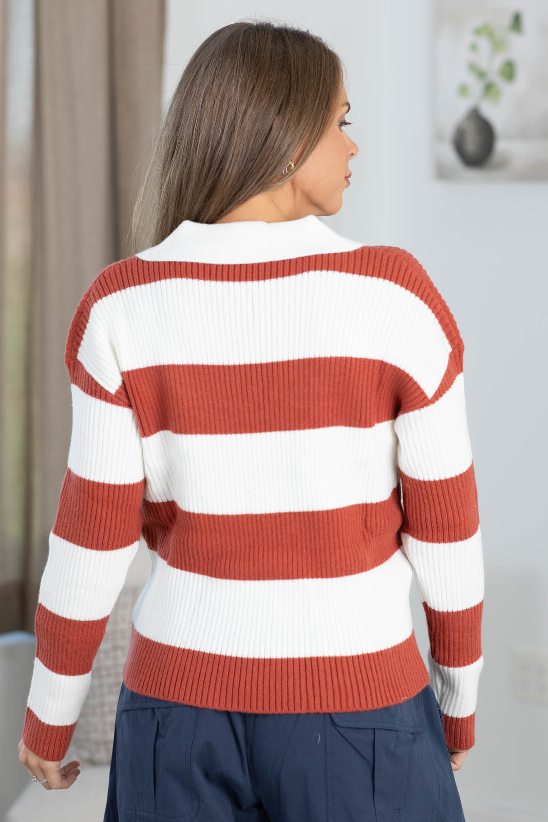 Rust and Ivory Stripe Sweater With Notch Neck