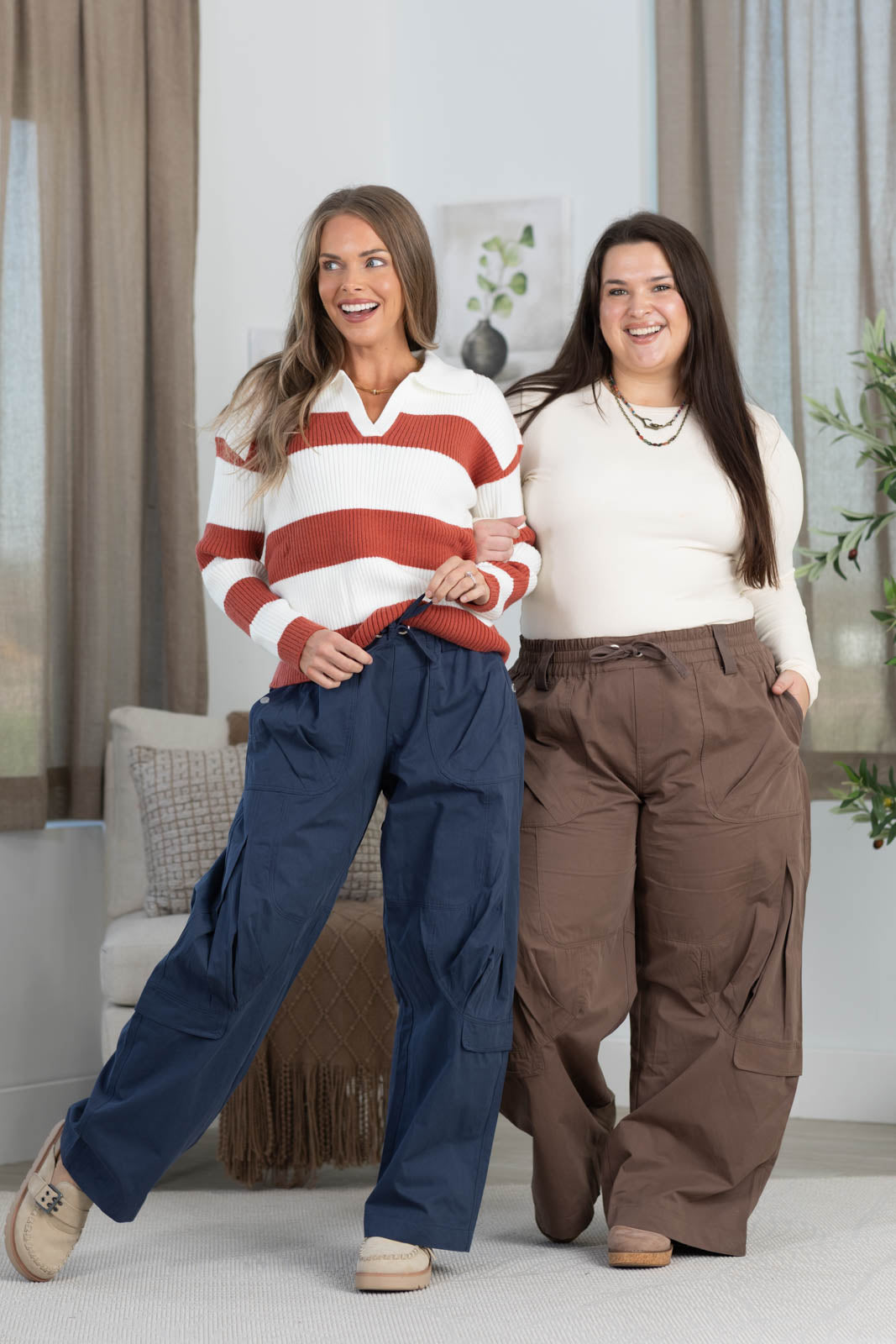 High Rise Wide Leg Cargo Pants With Drawstring Waist
