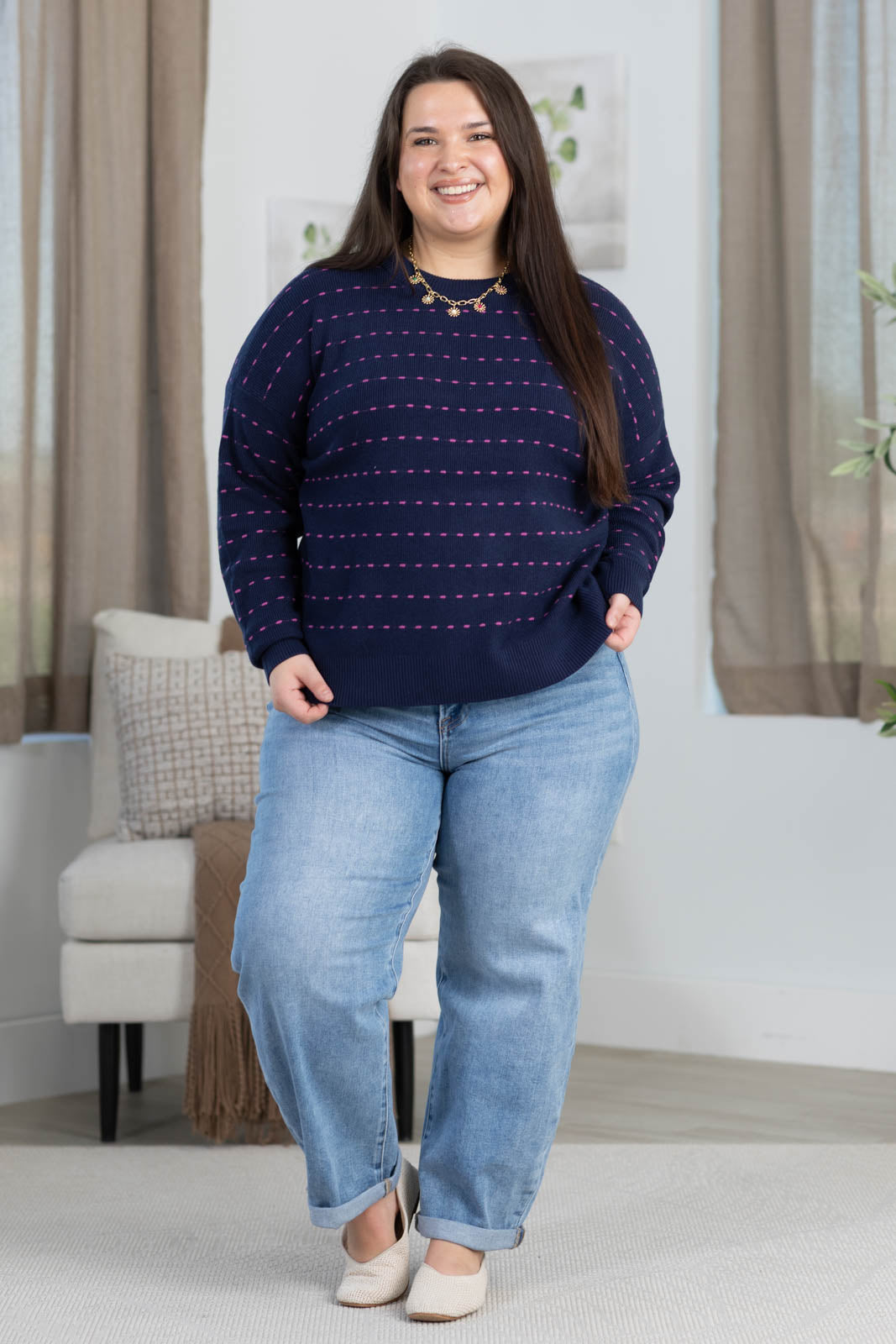 Staccato Textured Striped Crewneck Knit Sweater