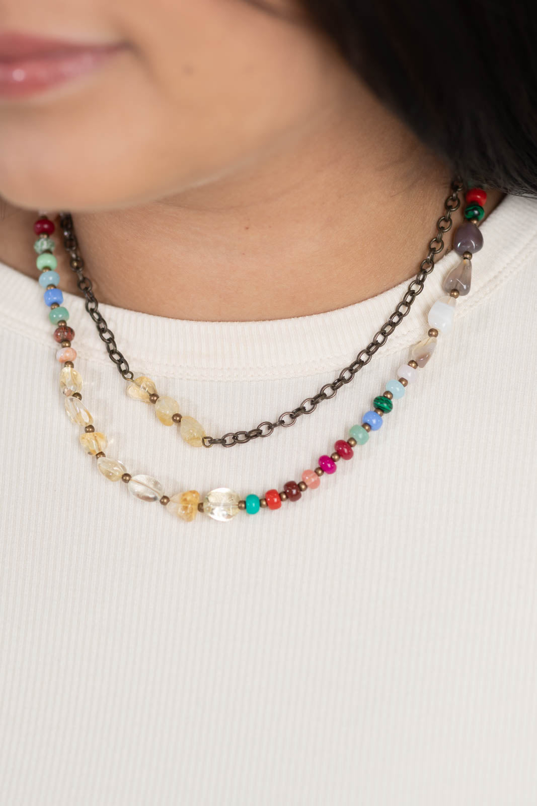 Bronze Chains With Multicolor Beads Necklace