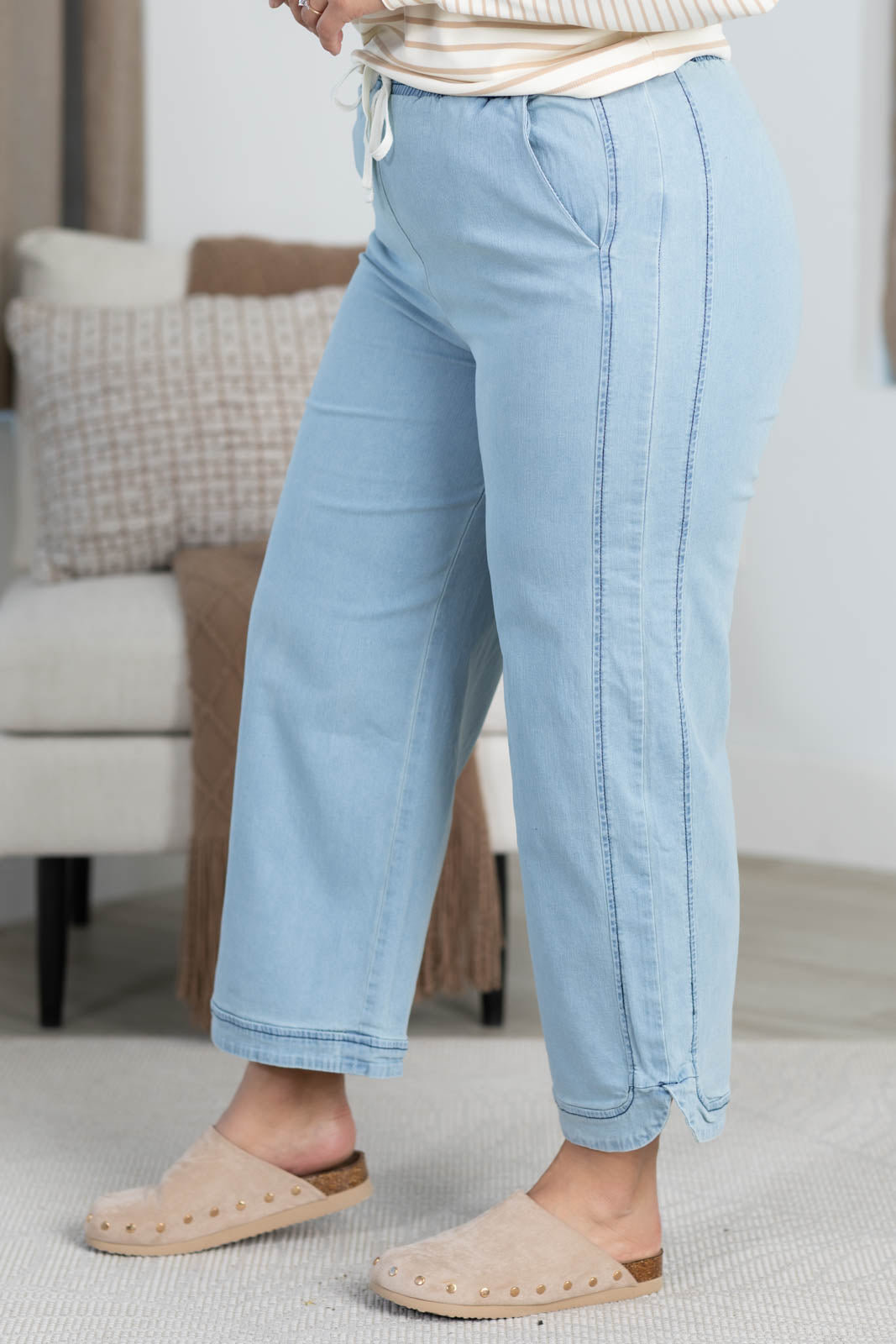 Light Denim High Rise Wide Leg Drawstring Pants