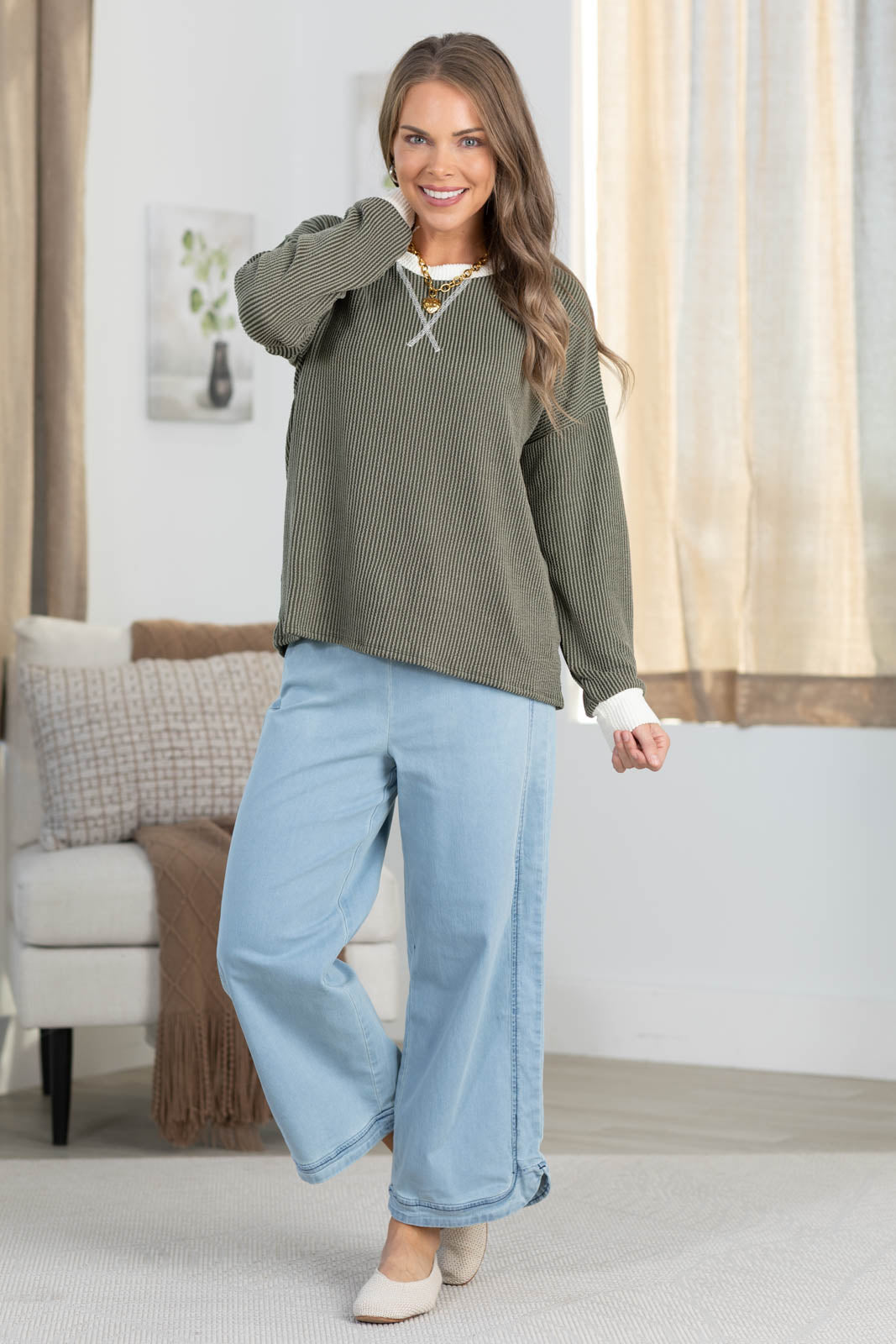 Ribbed Top with Contrast Trim Detail