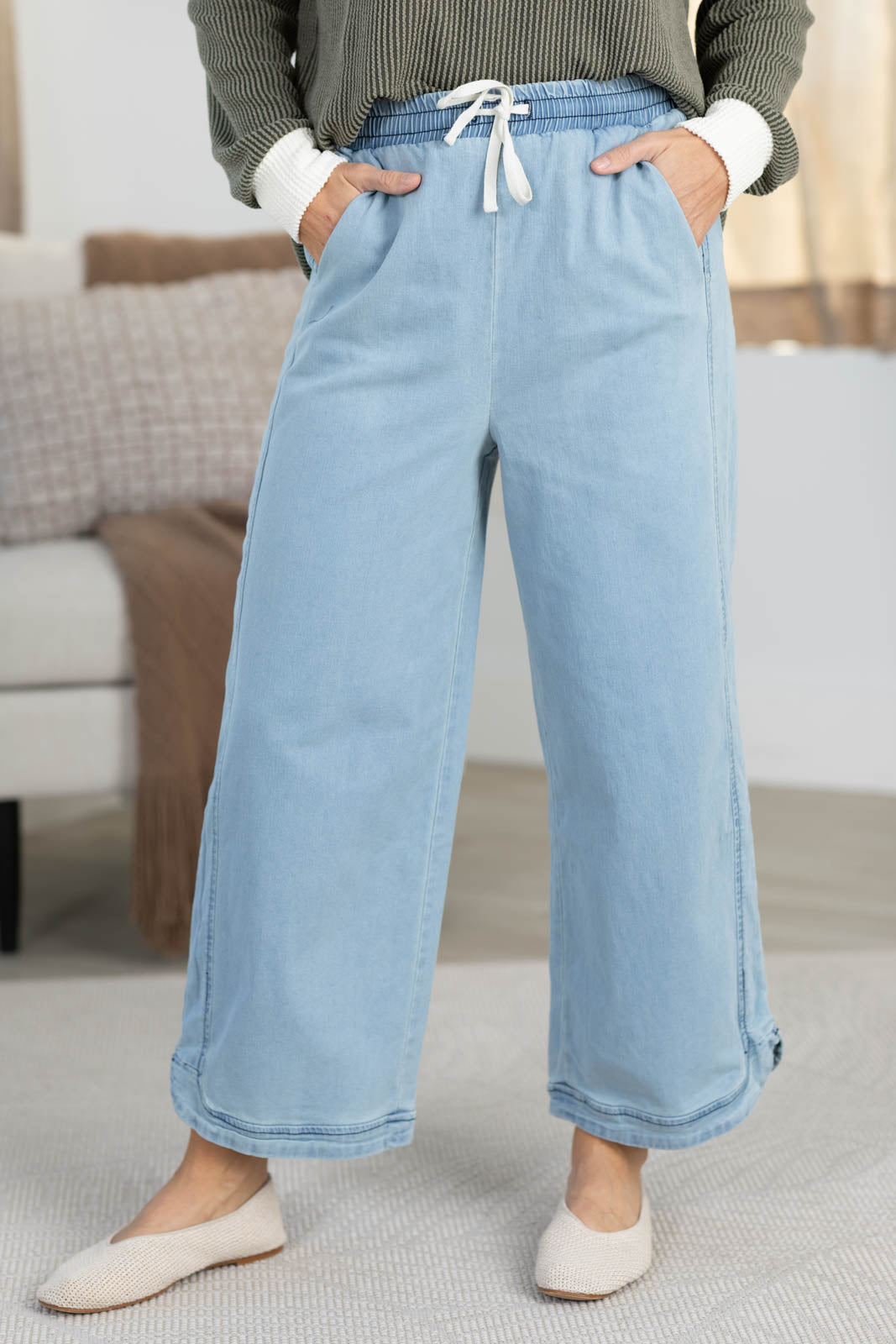 Light Denim High Rise Wide Leg Drawstring Pants