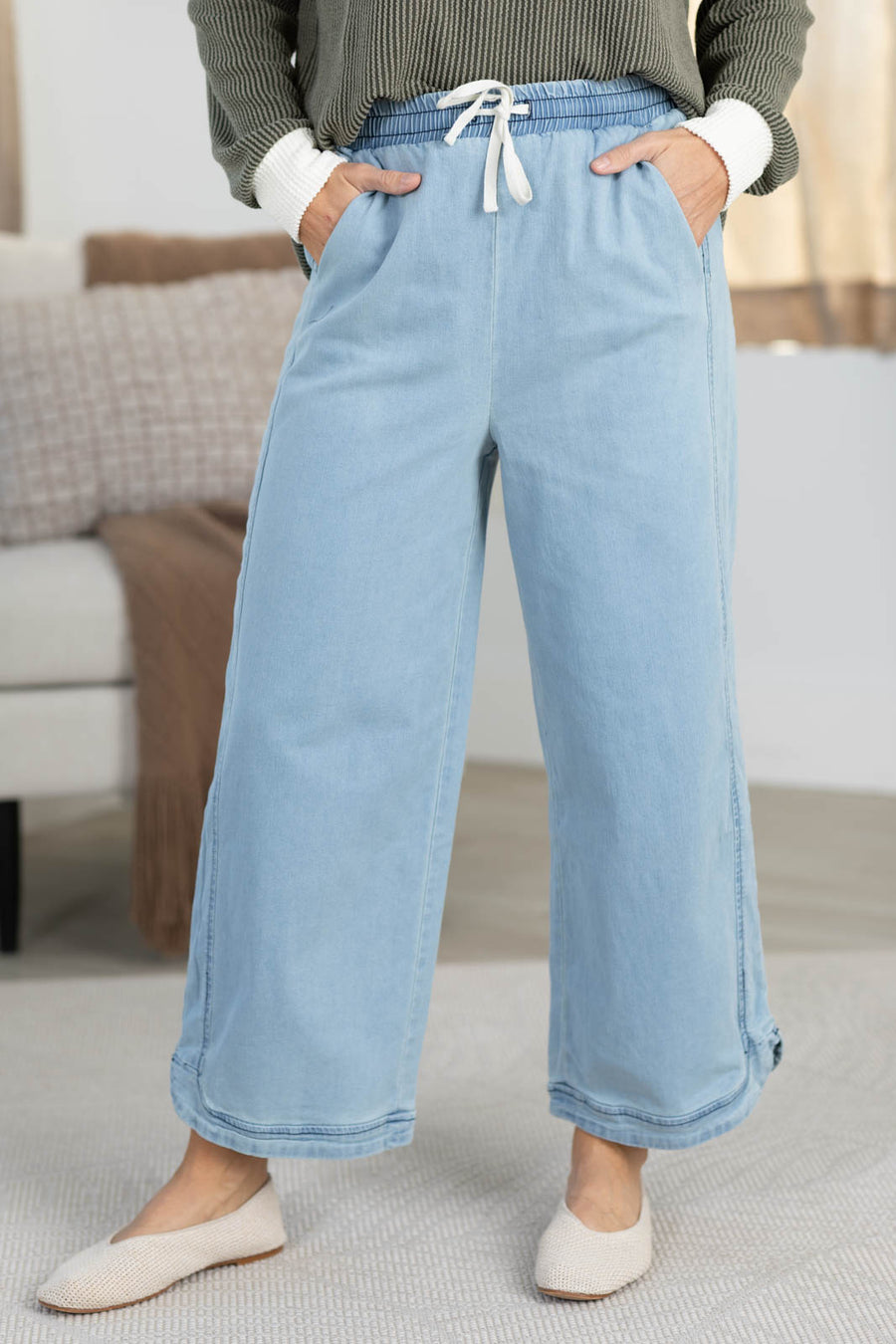 Light Denim High Rise Wide Leg Drawstring Pants