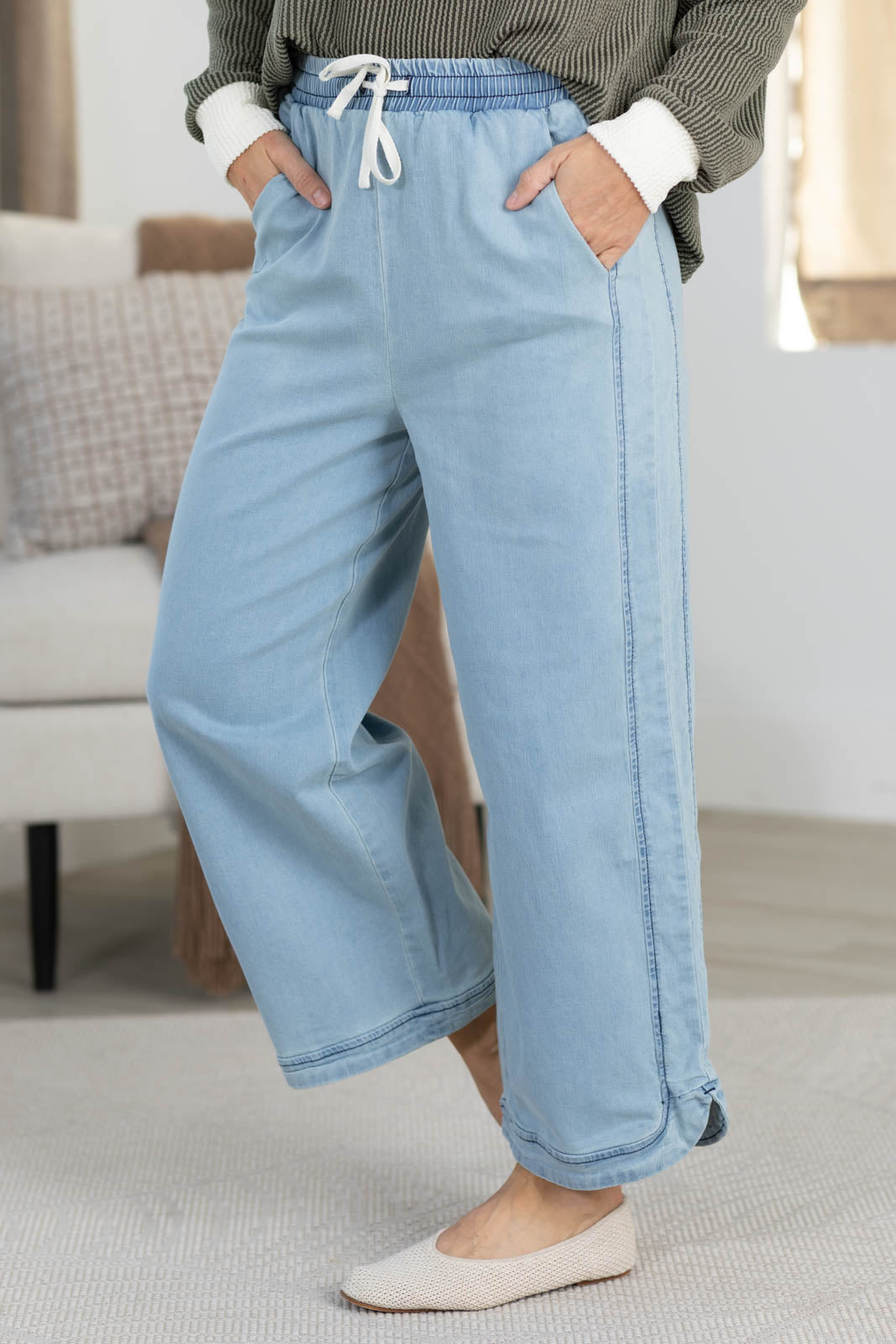 Light Denim High Rise Wide Leg Drawstring Pants