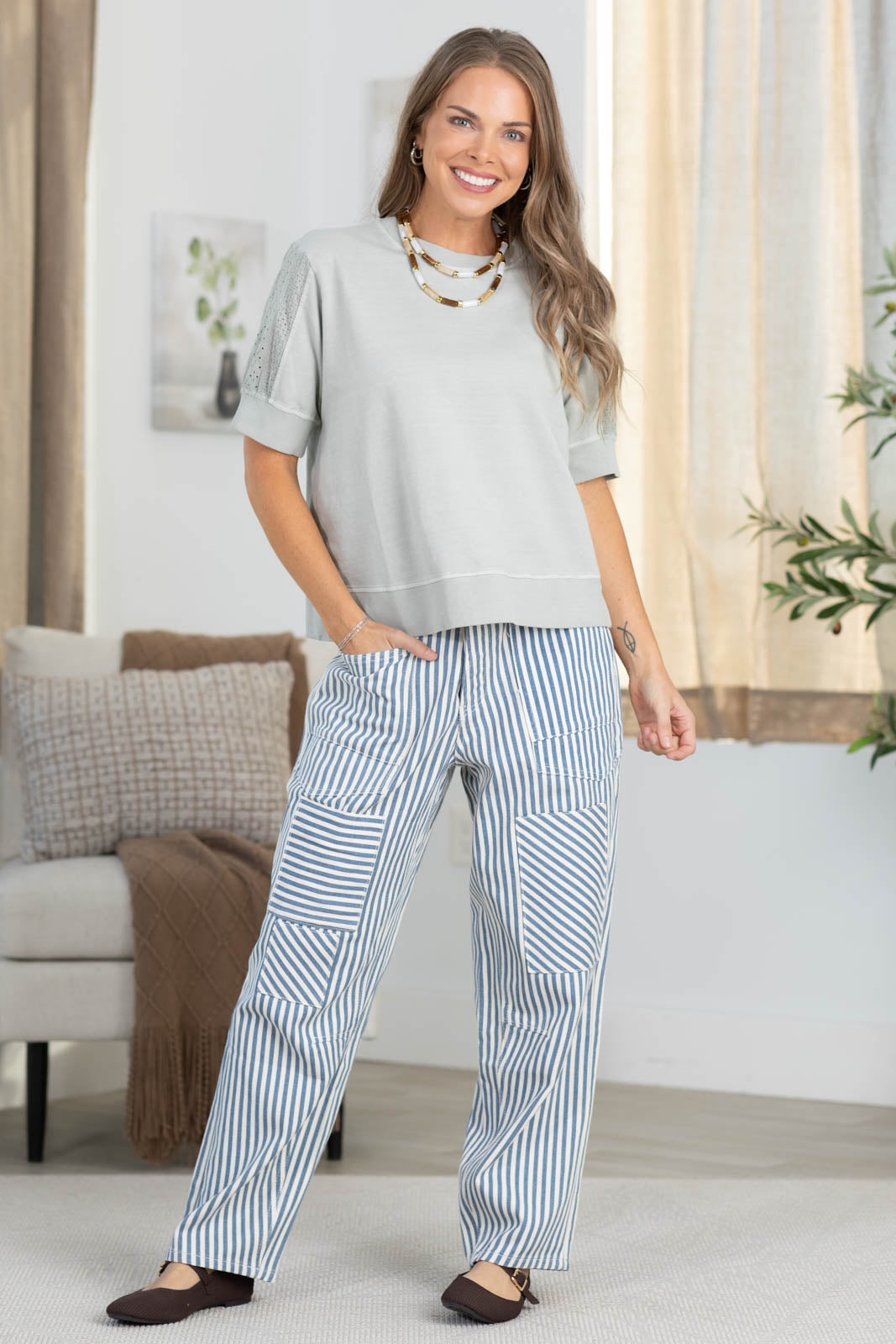 Mid Rise Railroad Stripe Cropped Utility Pants