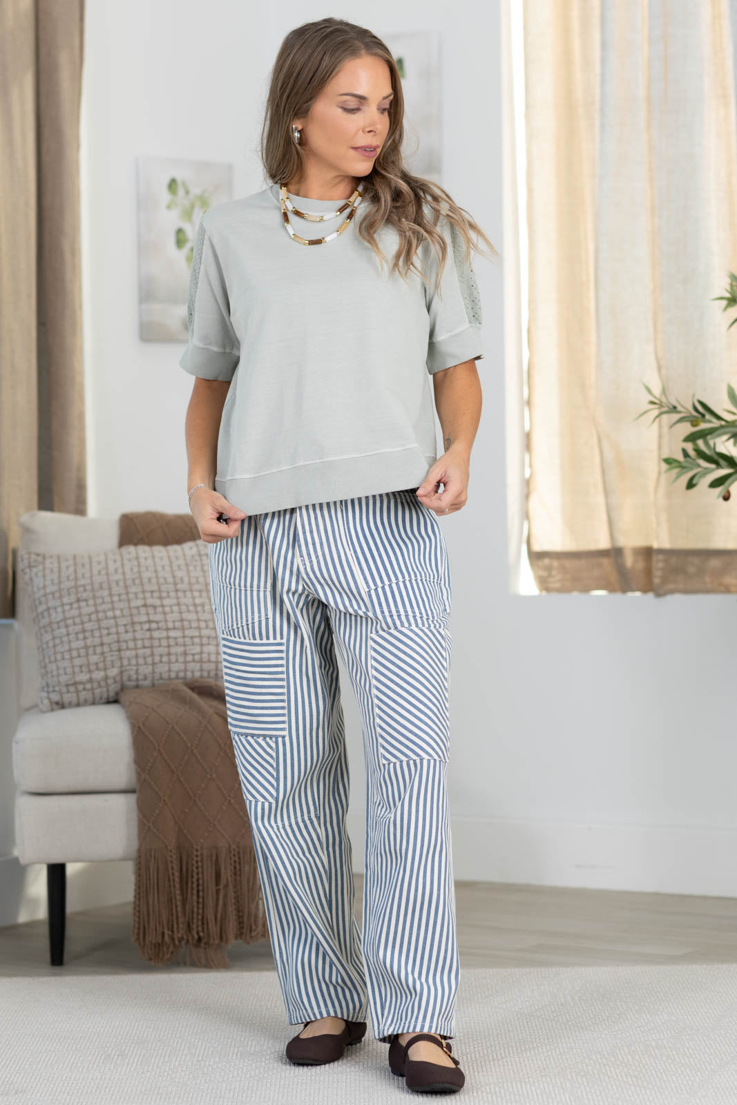 Dusty Sage Eyelet Detail Short Sleeve Crewneck Sweatshirt
