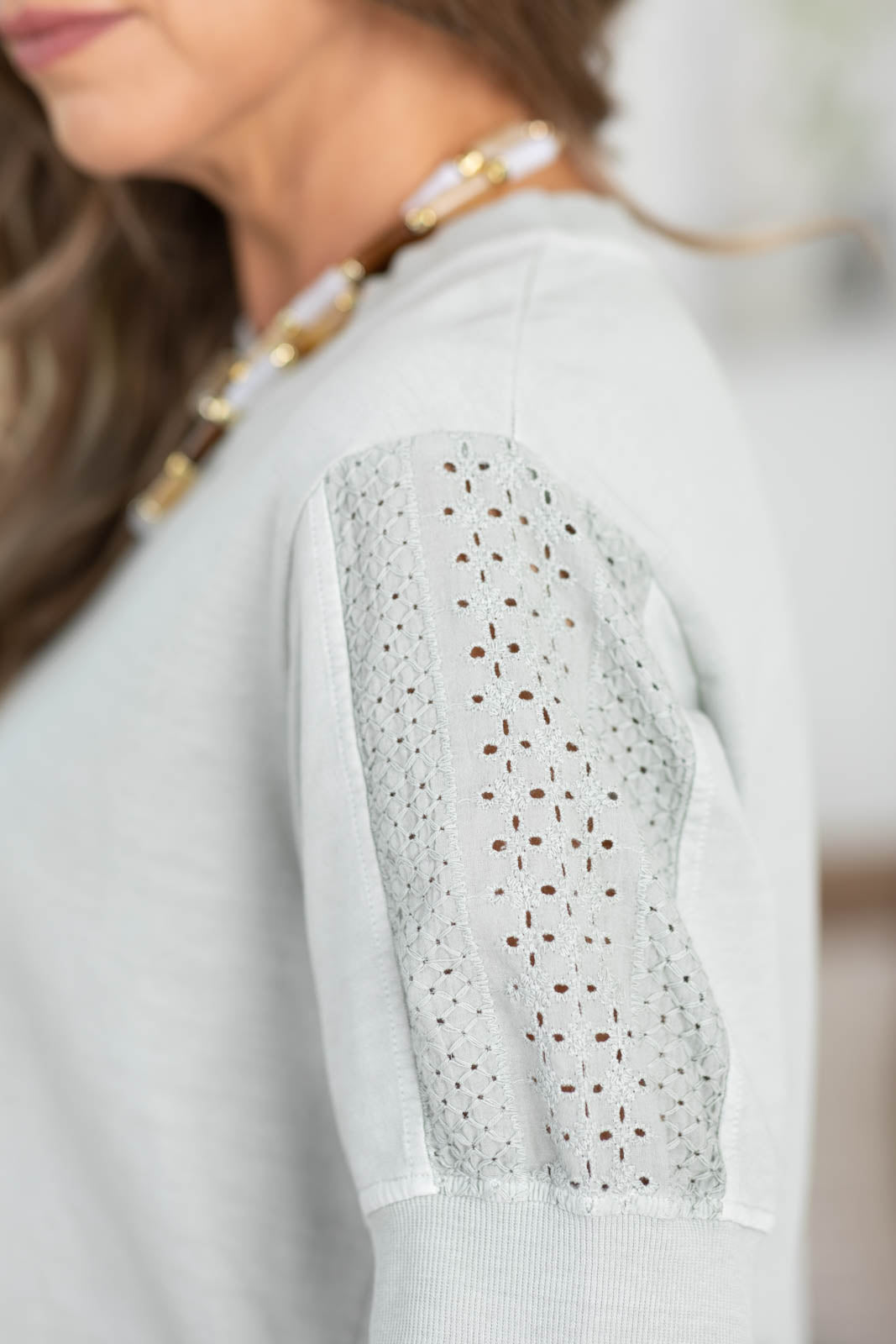 Dusty Sage Eyelet Detail Short Sleeve Crewneck Sweatshirt