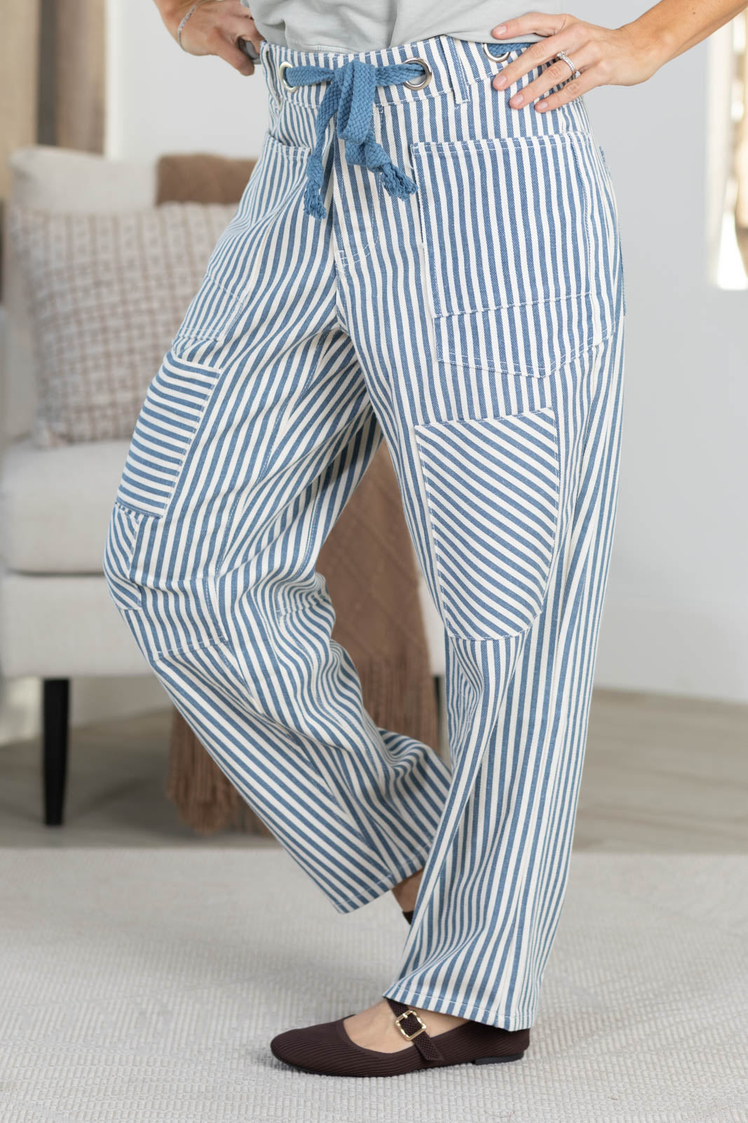 Mid Rise Railroad Stripe Cropped Utility Pants