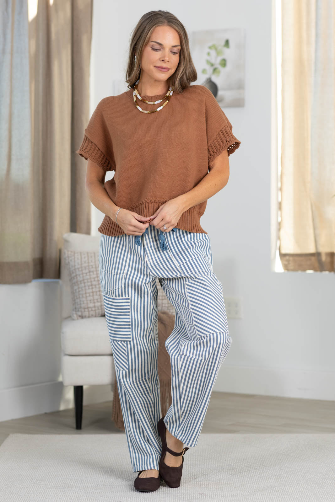Mocha Textured Short Sleeve Knit Sweater