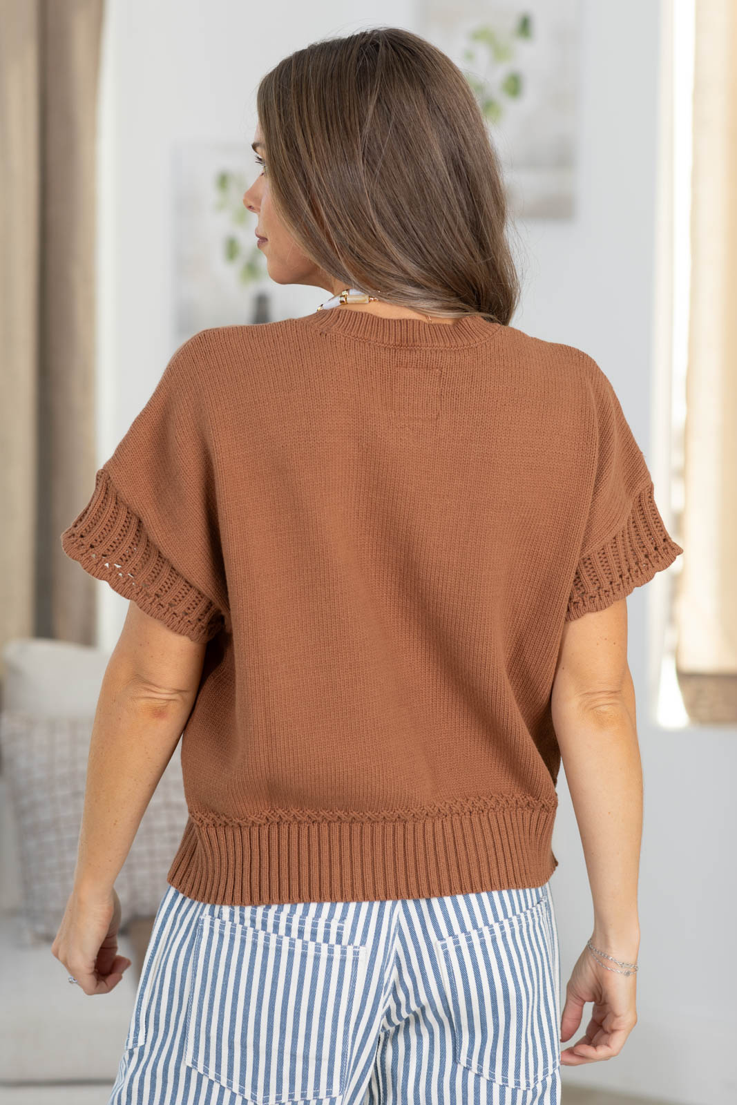 Mocha Textured Short Sleeve Knit Sweater