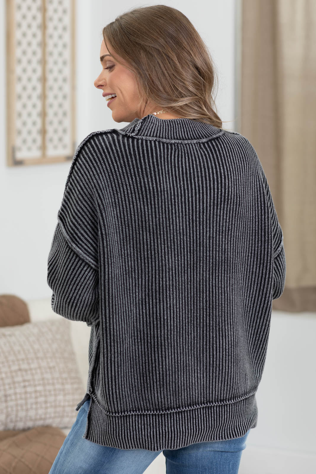 Washed Ribbed Sweater With Side Slit Detail