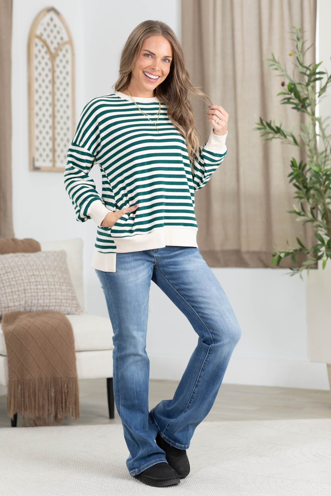 Stripe Fleece High Low Hem Cut Sweatshirt