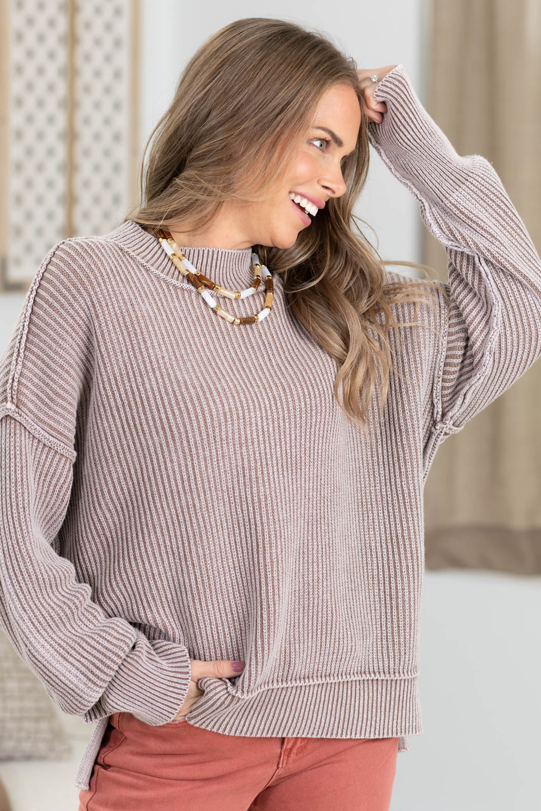 Washed Ribbed Sweater With Side Slit Detail